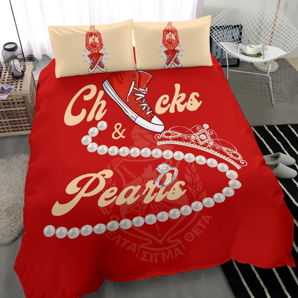 Sorority Bedding Set - Delta Sigma Theta Chucks And Pearls Duvet Cover & Pillow Cases K.H Pearls