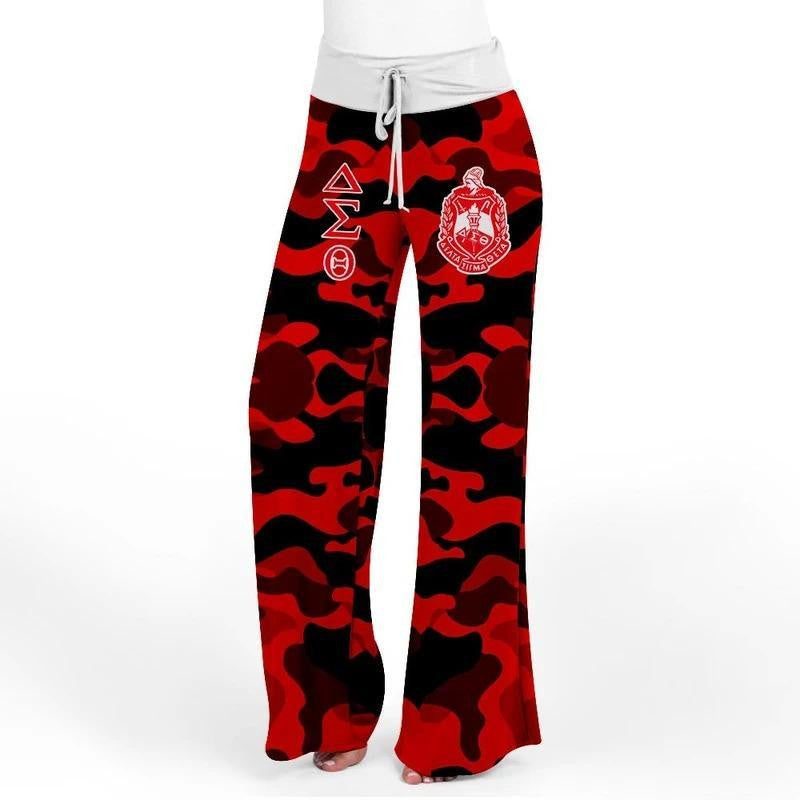 Sorority Pants - Delta Sigma Theta Red Camouflage High Waist Lace Up Wide Leg Pants