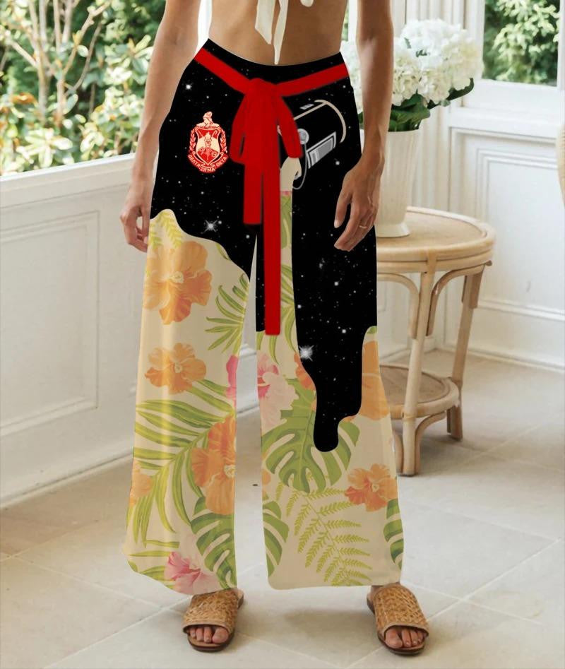 Sorority Pants - Delta Sigma Theta Flower Galaxy High Waist Lace Up Wide Leg Pants