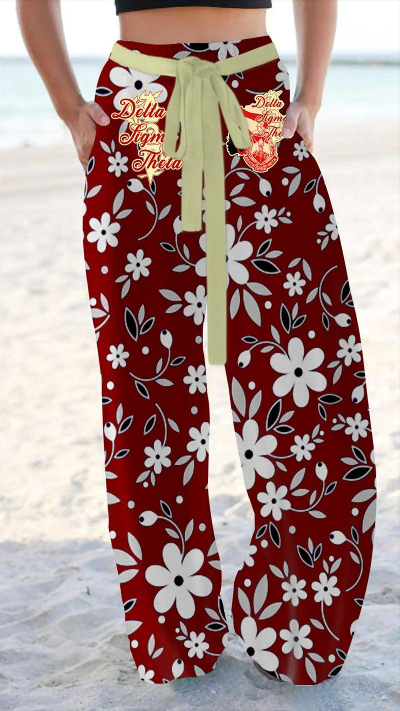 Sorority Pants - Delta Sigma Theta Flower Bubble High Waist Lace Up Wide Leg Pants