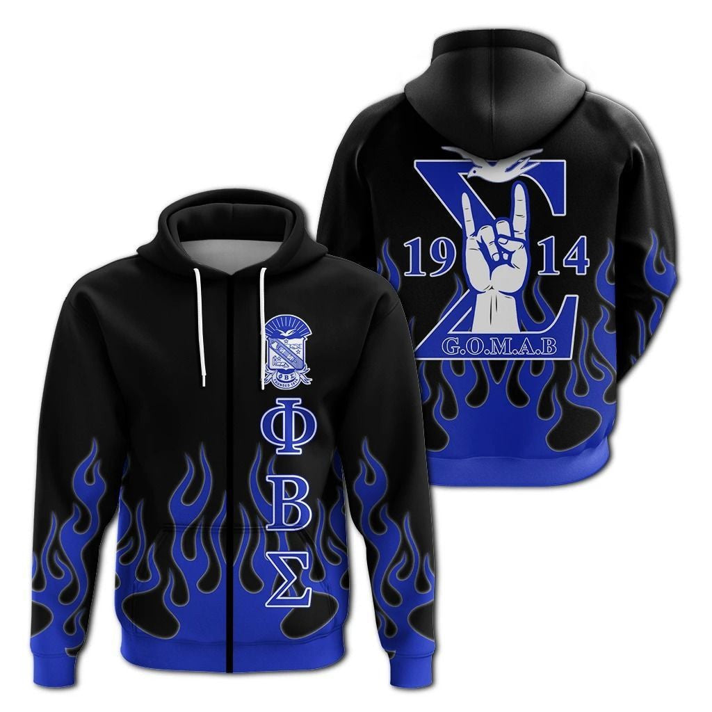 Fraternity Hoodie - Phi Beta Sigma Hand Sign Flame Zip Hoodie