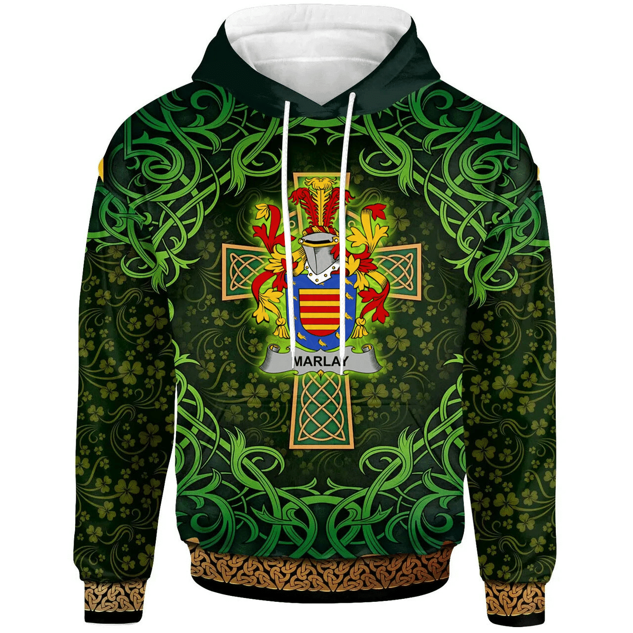 Ireland Hoodie - Marlay or O'Marley Irish Family Crest Hoodie - Celtic Cross Shamrock Patterns