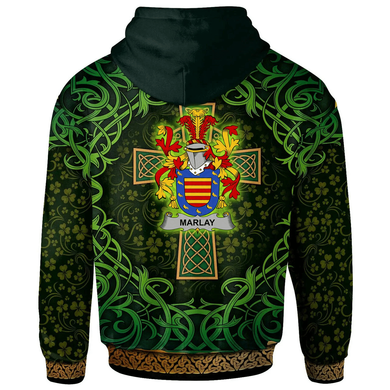 Ireland Hoodie - Marlay or O'Marley Irish Family Crest Hoodie - Celtic Cross Shamrock Patterns