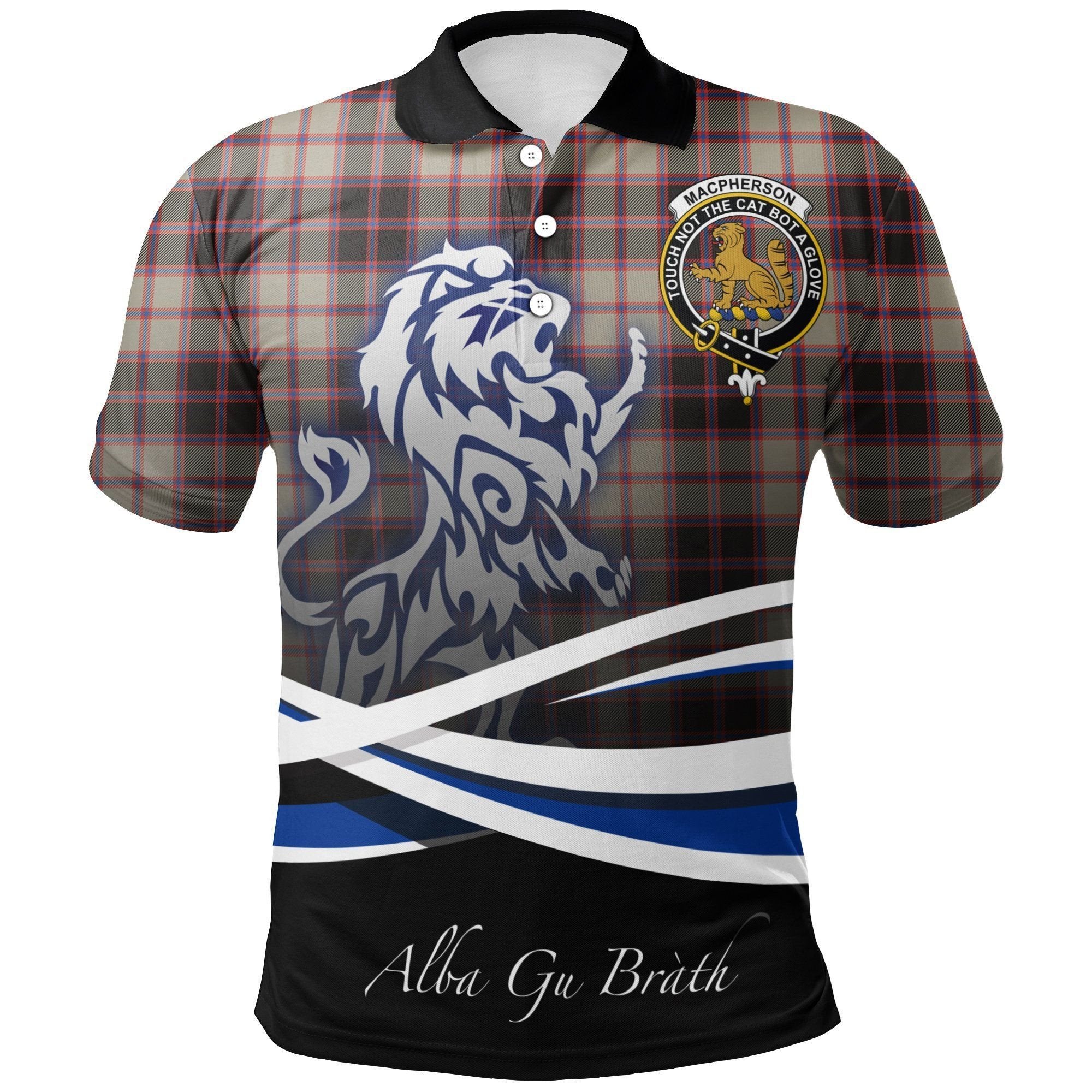 MacPherson Hunting Ancient Clan Polo Shirt, Scottish Tartan MacPherson Hunting Ancient Clans Polo Shirt Crest Lion Style