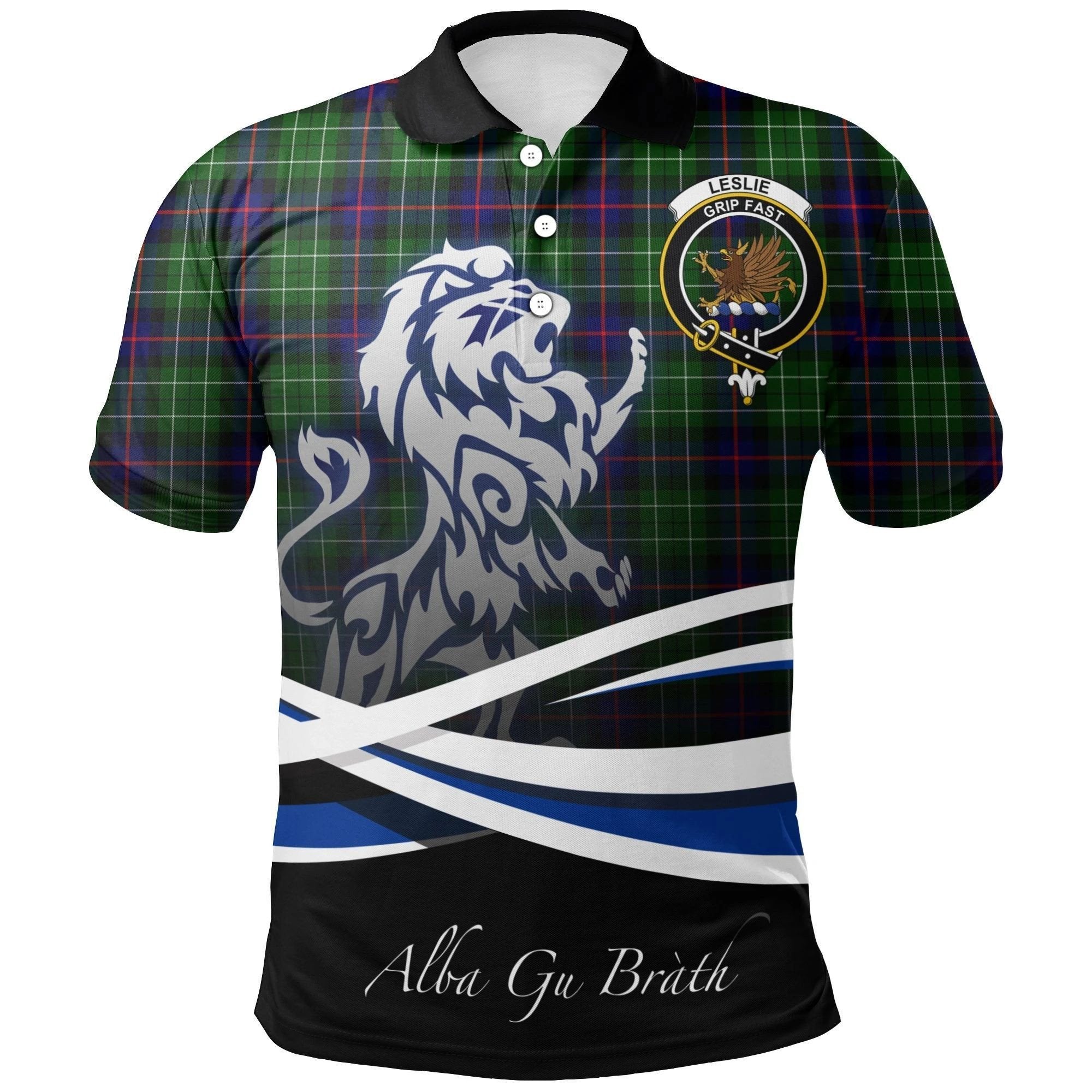 Leslie Hunting Clan Polo Shirt, Scottish Tartan Leslie Hunting Clans Polo Shirt Crest Lion Style