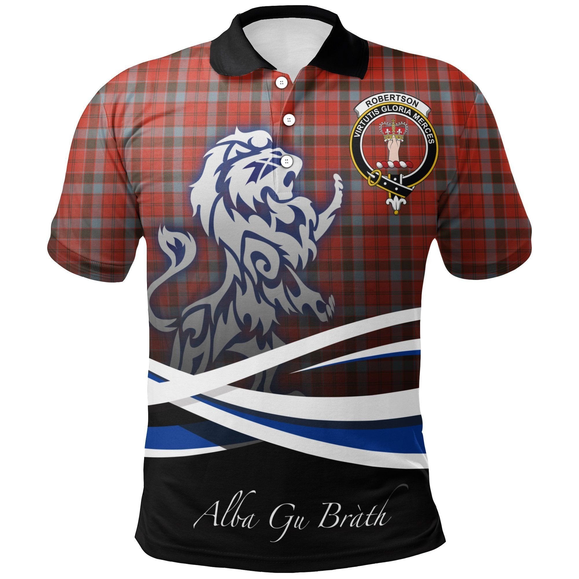 Robertson Weathered Clan Polo Shirt, Scottish Tartan Robertson Weathered Clans Polo Shirt Crest Lion Style