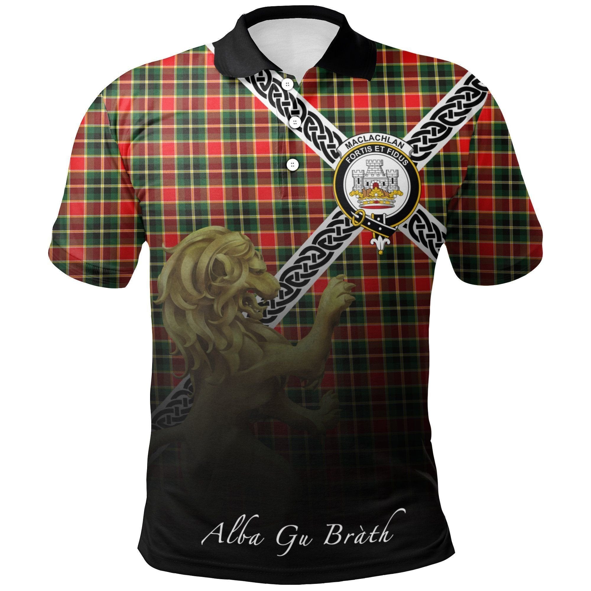 MacLachlan Hunting Modern Clan Polo Shirt, Scottish Tartan MacLachlan Hunting Modern Clans Polo Shirt Celtic Lion Style