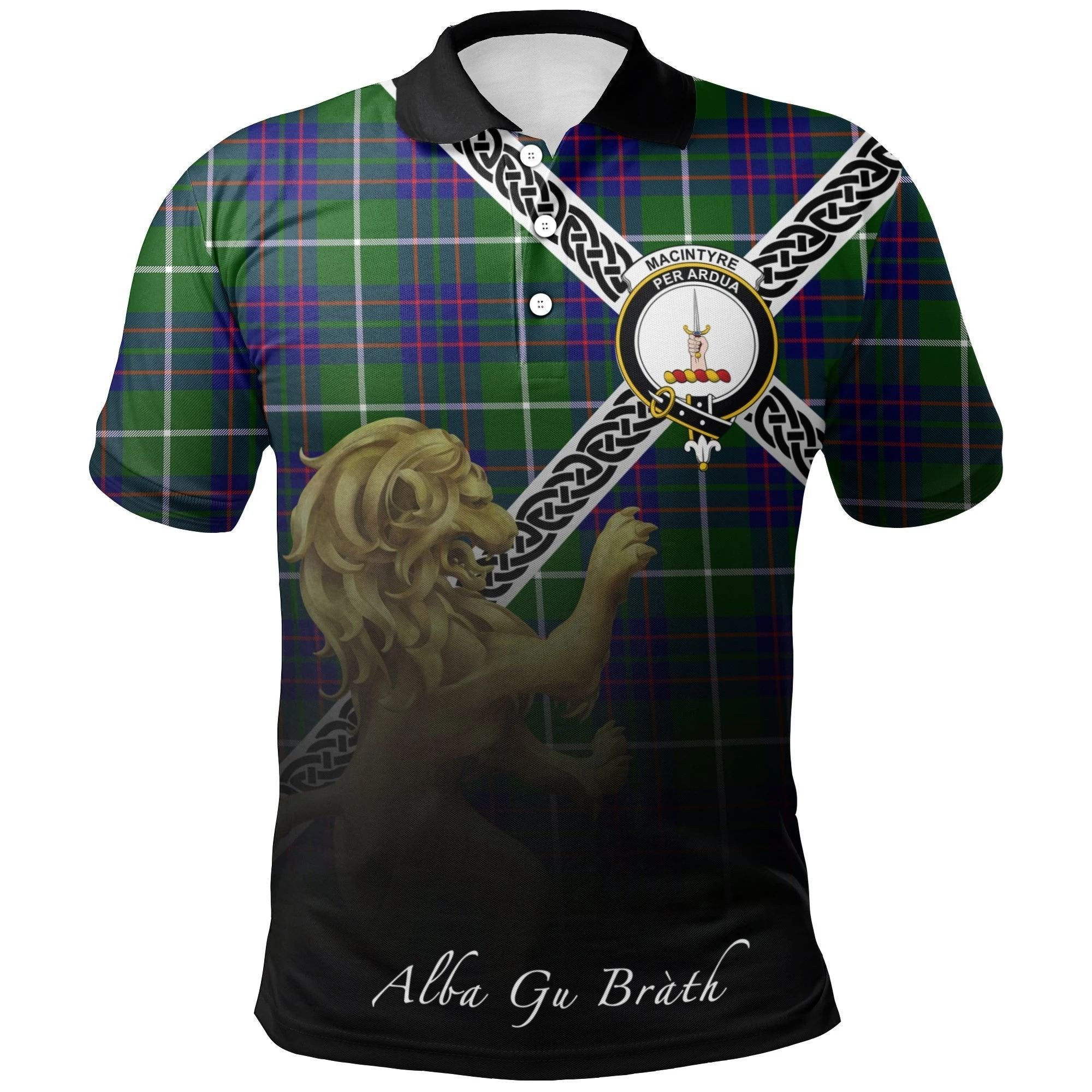 MacIntyre Hunting Modern Clan Polo Shirt, Scottish Tartan MacIntyre Hunting Modern Clans Polo Shirt Celtic Lion Style