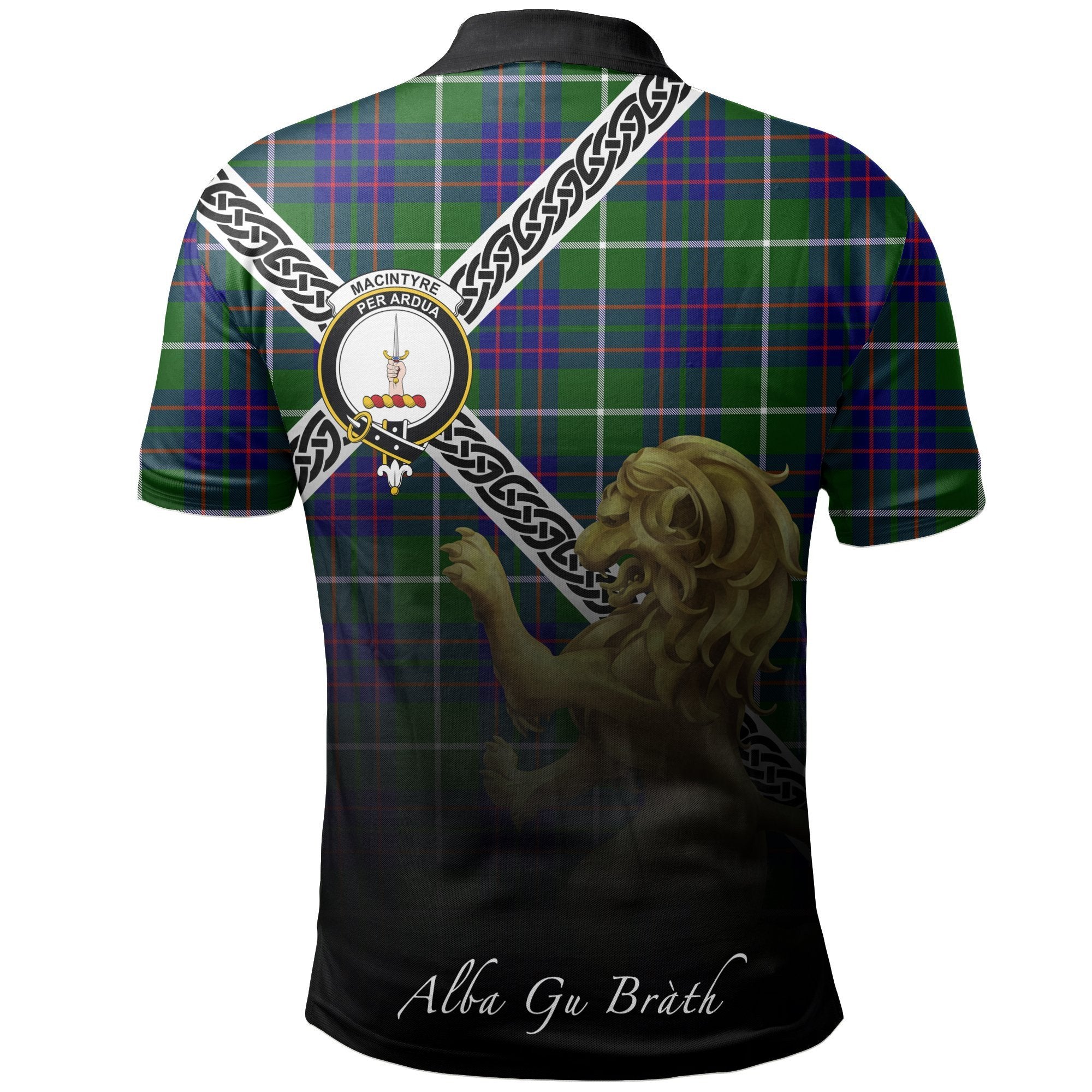 MacIntyre Hunting Modern Clan Polo Shirt, Scottish Tartan MacIntyre Hunting Modern Clans Polo Shirt Celtic Lion Style