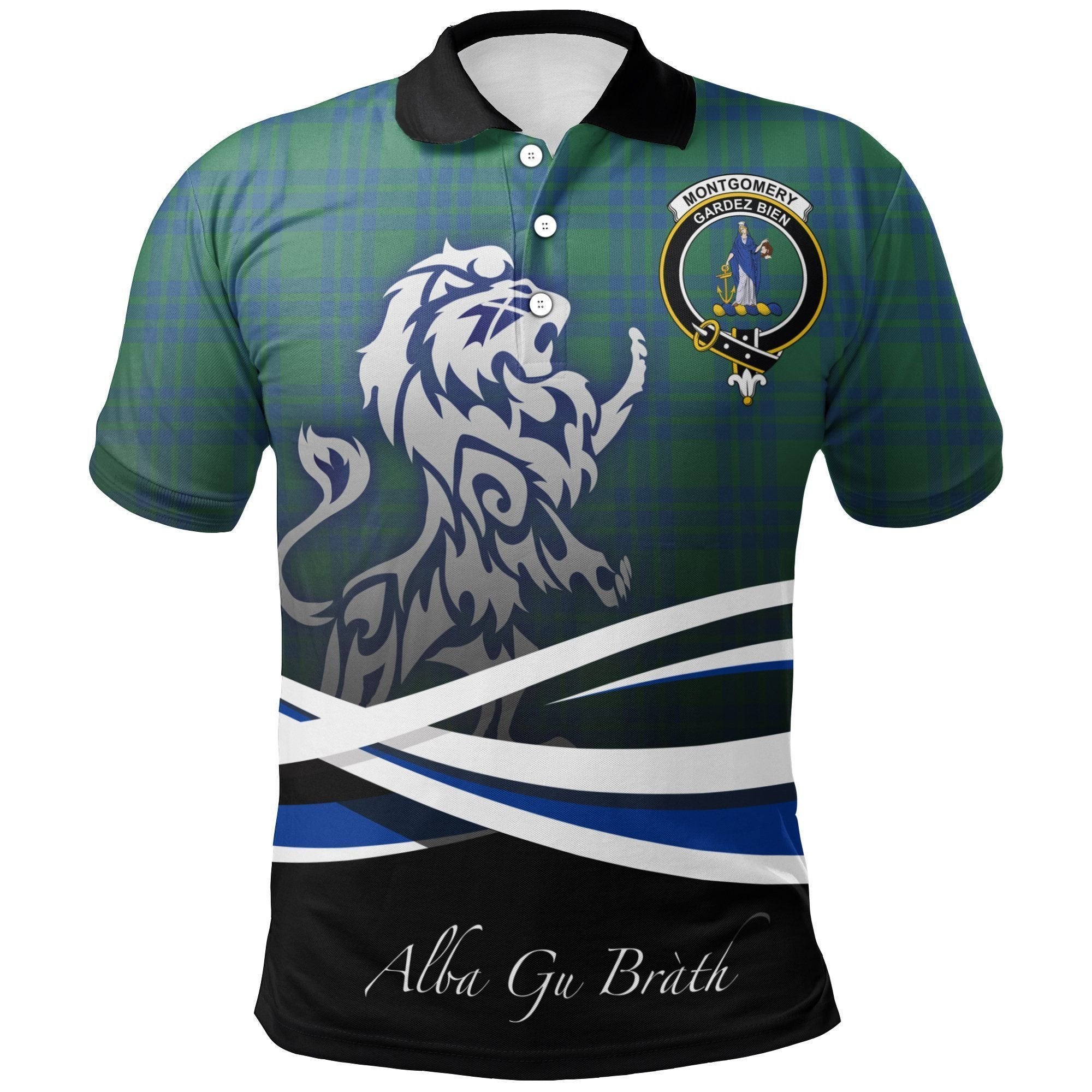 Montgomery Ancient Clan Polo Shirt, Scottish Tartan Montgomery Ancient Clans Polo Shirt Crest Lion Style