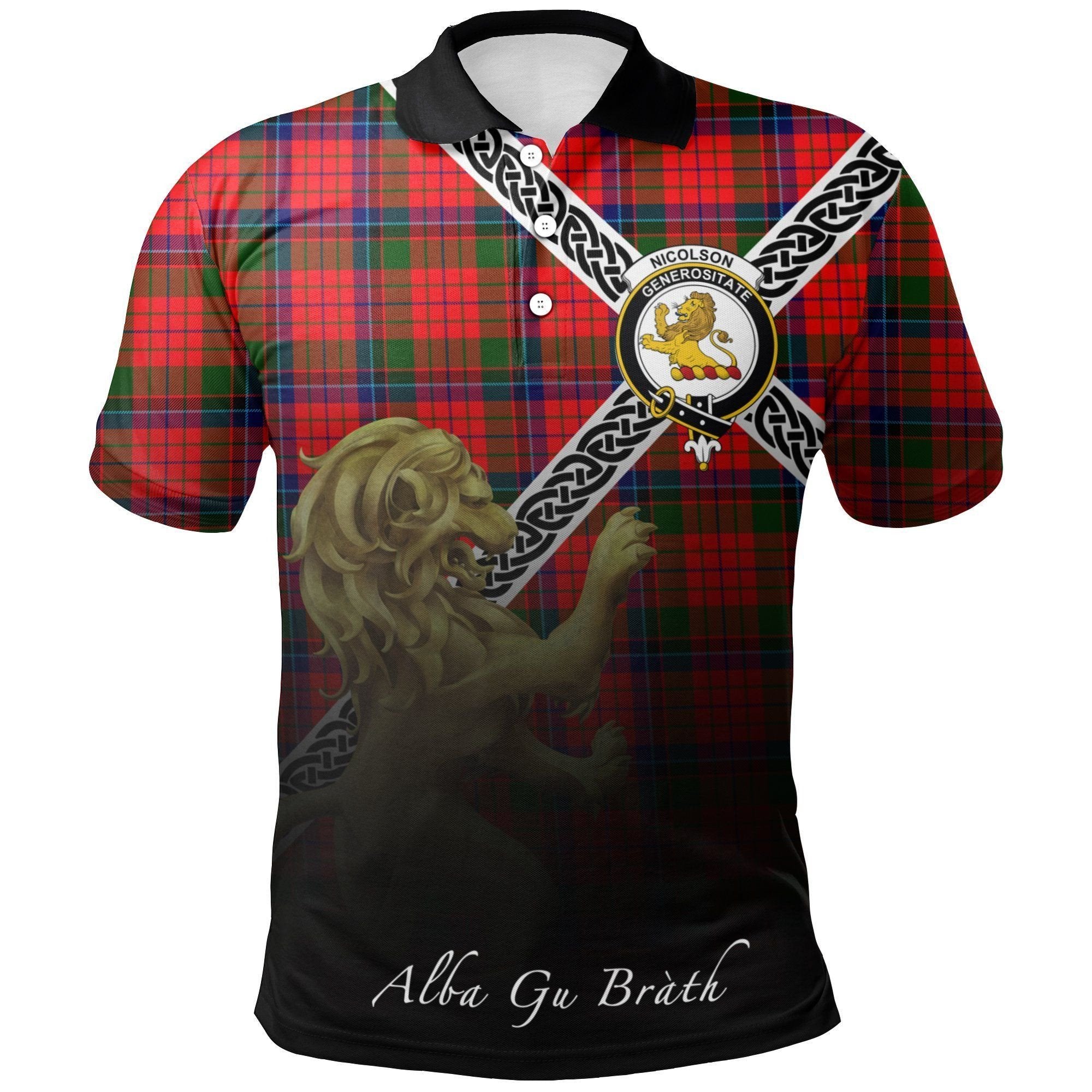 Nicolson Modern Clan Polo Shirt, Scottish Tartan Nicolson Modern Clans Polo Shirt Celtic Lion Style