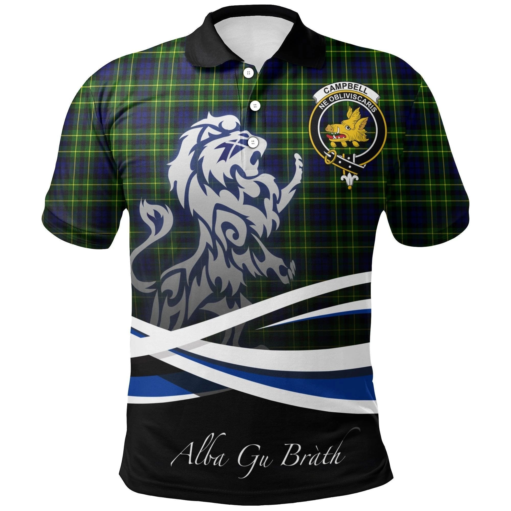 Campbell of Breadalbane Modern Clan Polo Shirt, Scottish Tartan Campbell of Breadalbane Modern Clans Polo Shirt Crest Lion Style