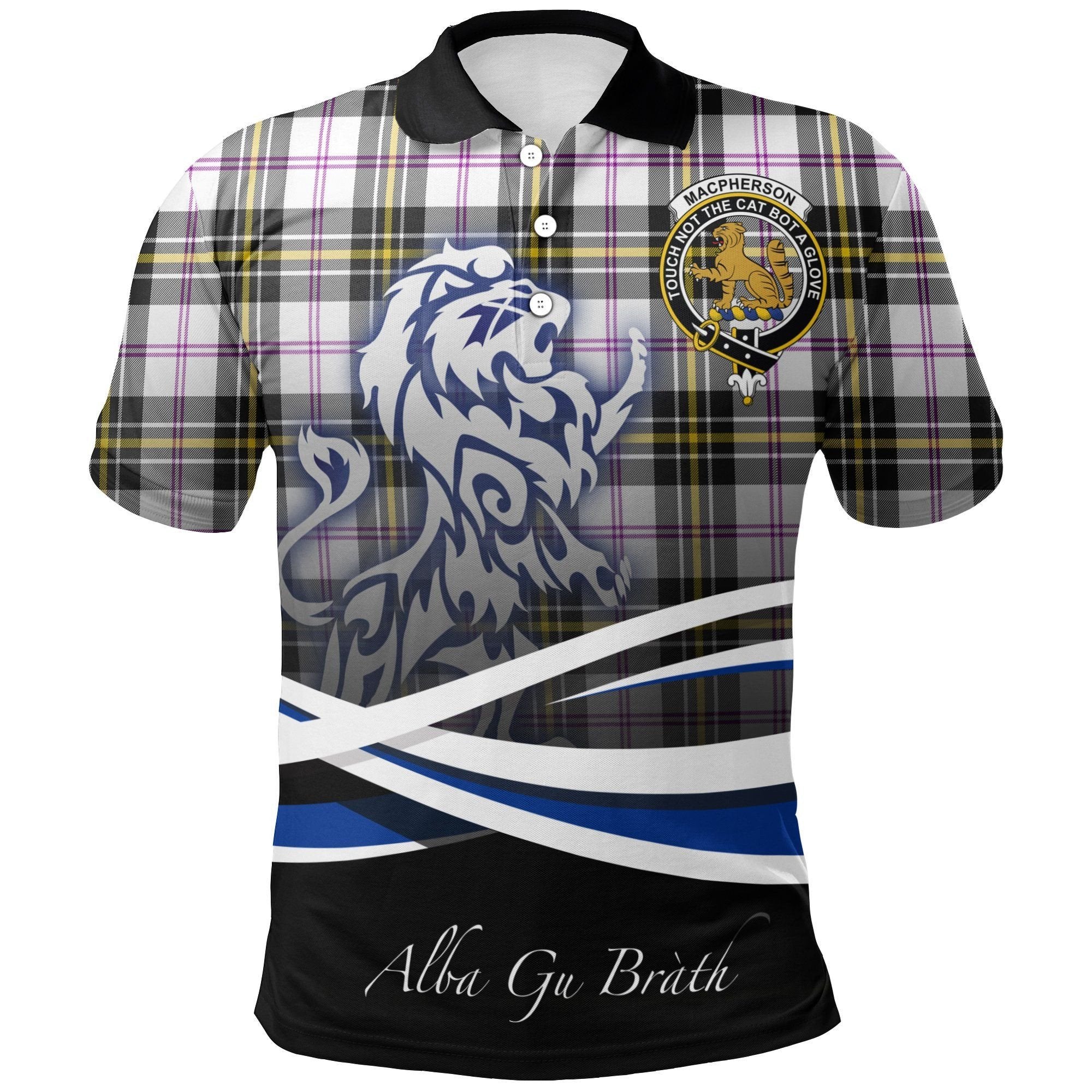 MacPherson Dress Modern Clan Polo Shirt, Scottish Tartan MacPherson Dress Modern Clans Polo Shirt Crest Lion Style