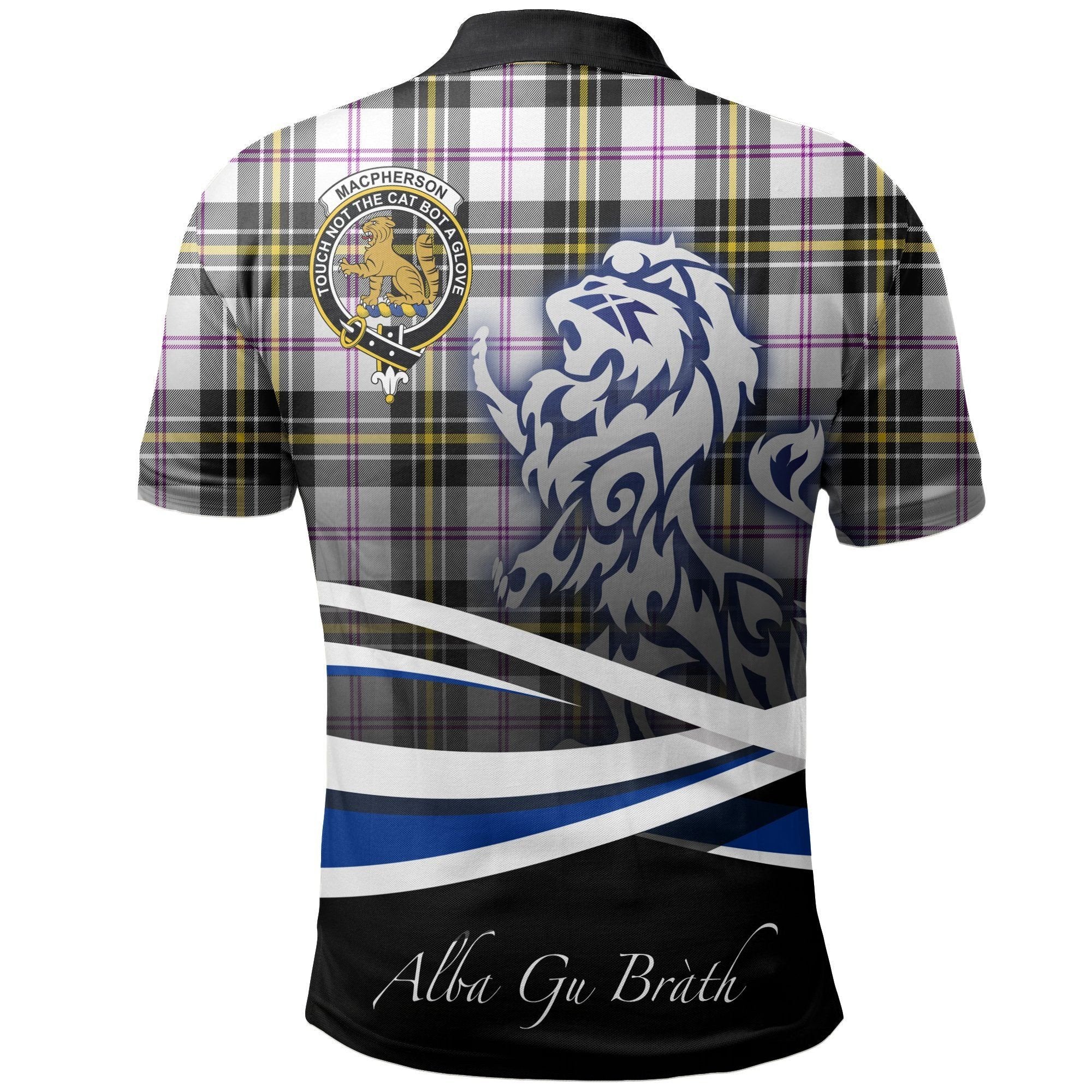 MacPherson Dress Modern Clan Polo Shirt, Scottish Tartan MacPherson Dress Modern Clans Polo Shirt Crest Lion Style
