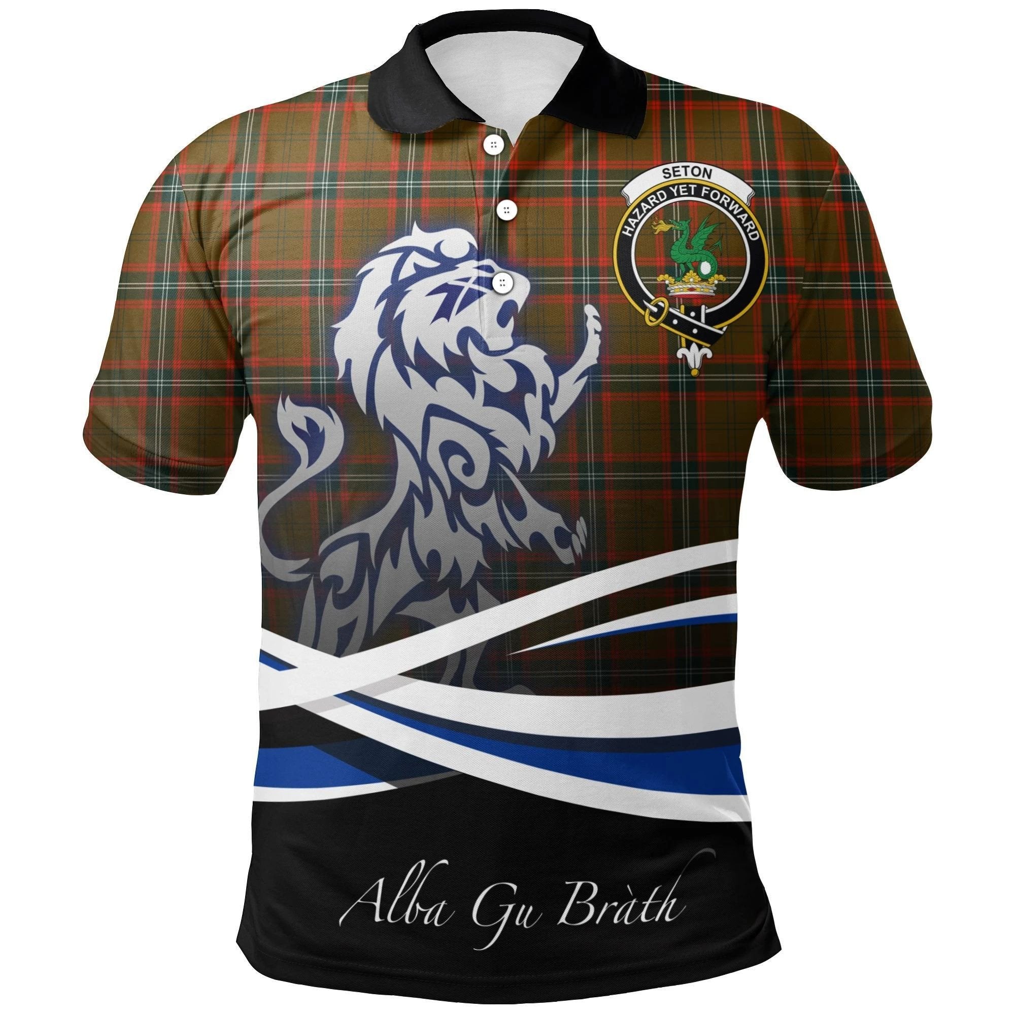 Seton Hunting Modern Clan Polo Shirt, Scottish Tartan Seton Hunting Modern Clans Polo Shirt Crest Lion Style