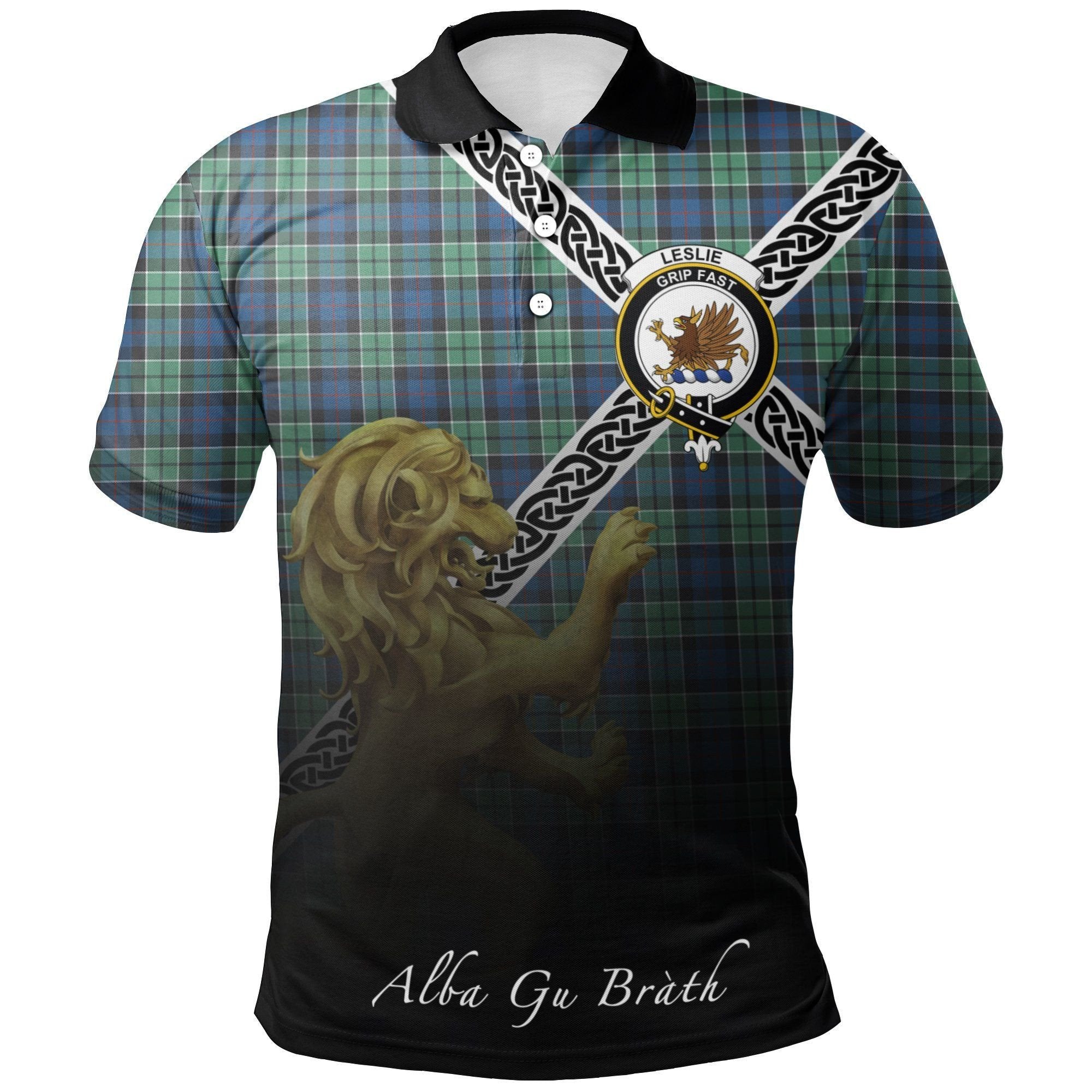 Leslie Hunting Clan Polo Shirt, Scottish Tartan Leslie Hunting Clans Polo Shirt Celtic Lion Style