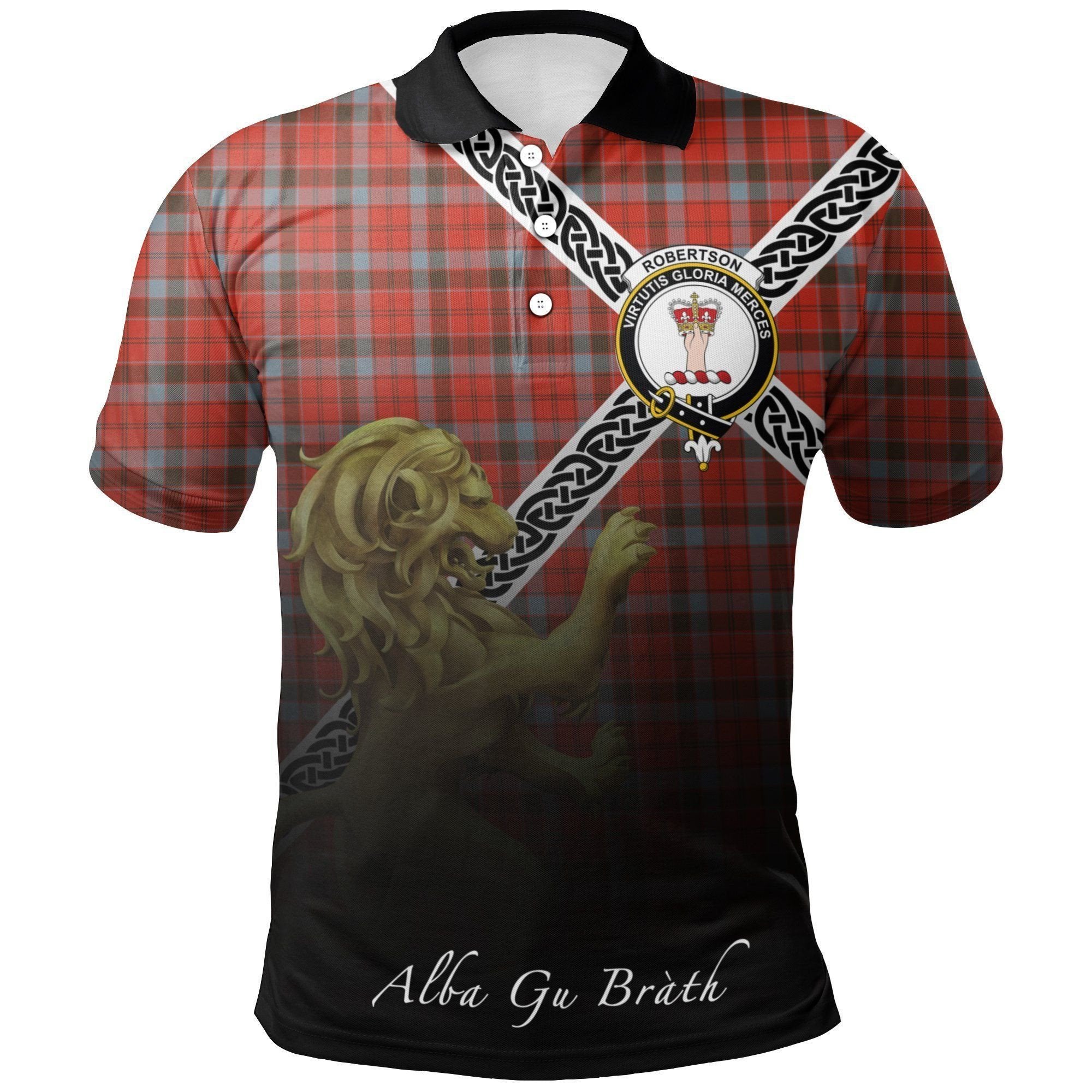 Robertson Weathered Clan Polo Shirt, Scottish Tartan Robertson Weathered Clans Polo Shirt Celtic Lion Style