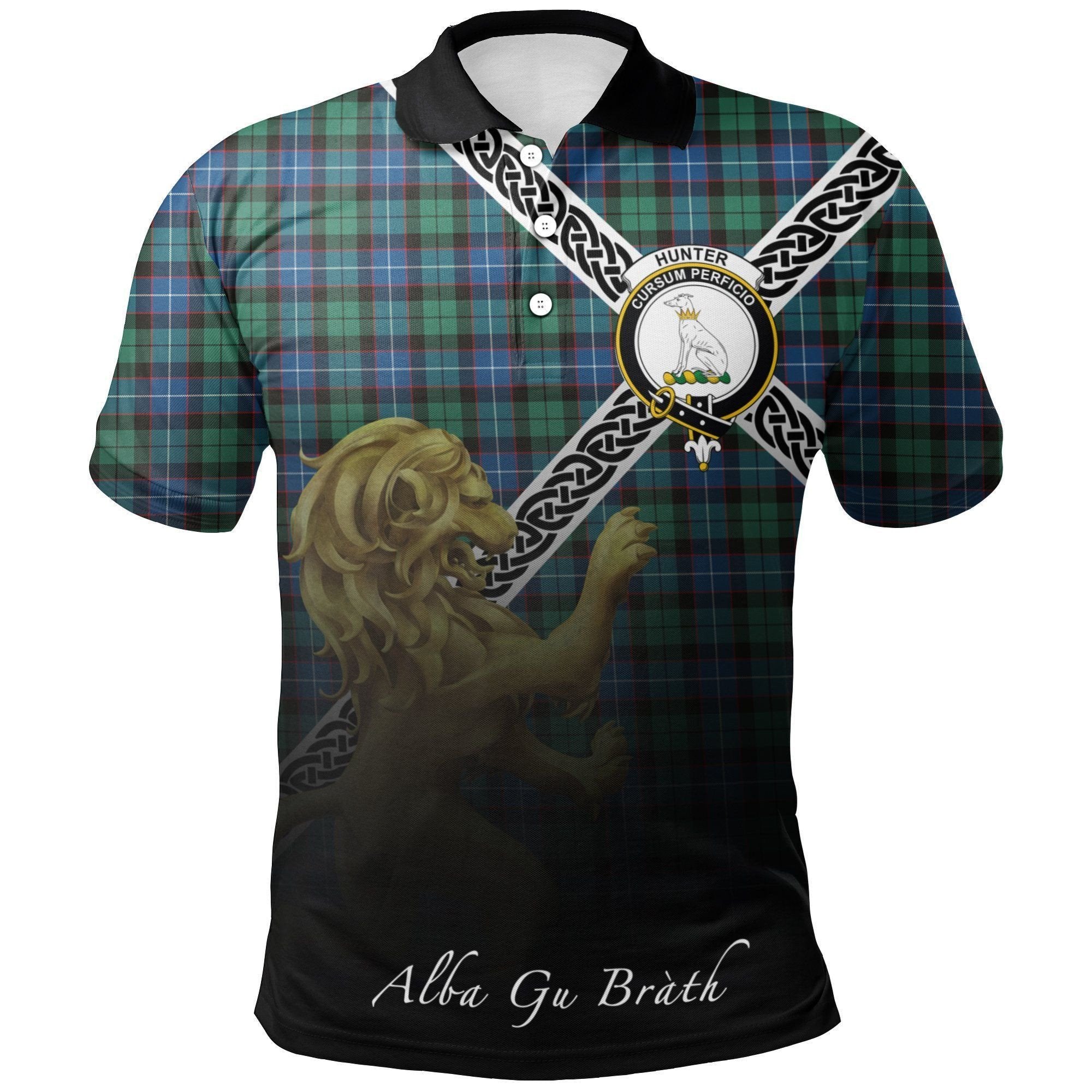 Hunter Ancient Clan Polo Shirt, Scottish Tartan Hunter Ancient Clans Polo Shirt Celtic Lion Style