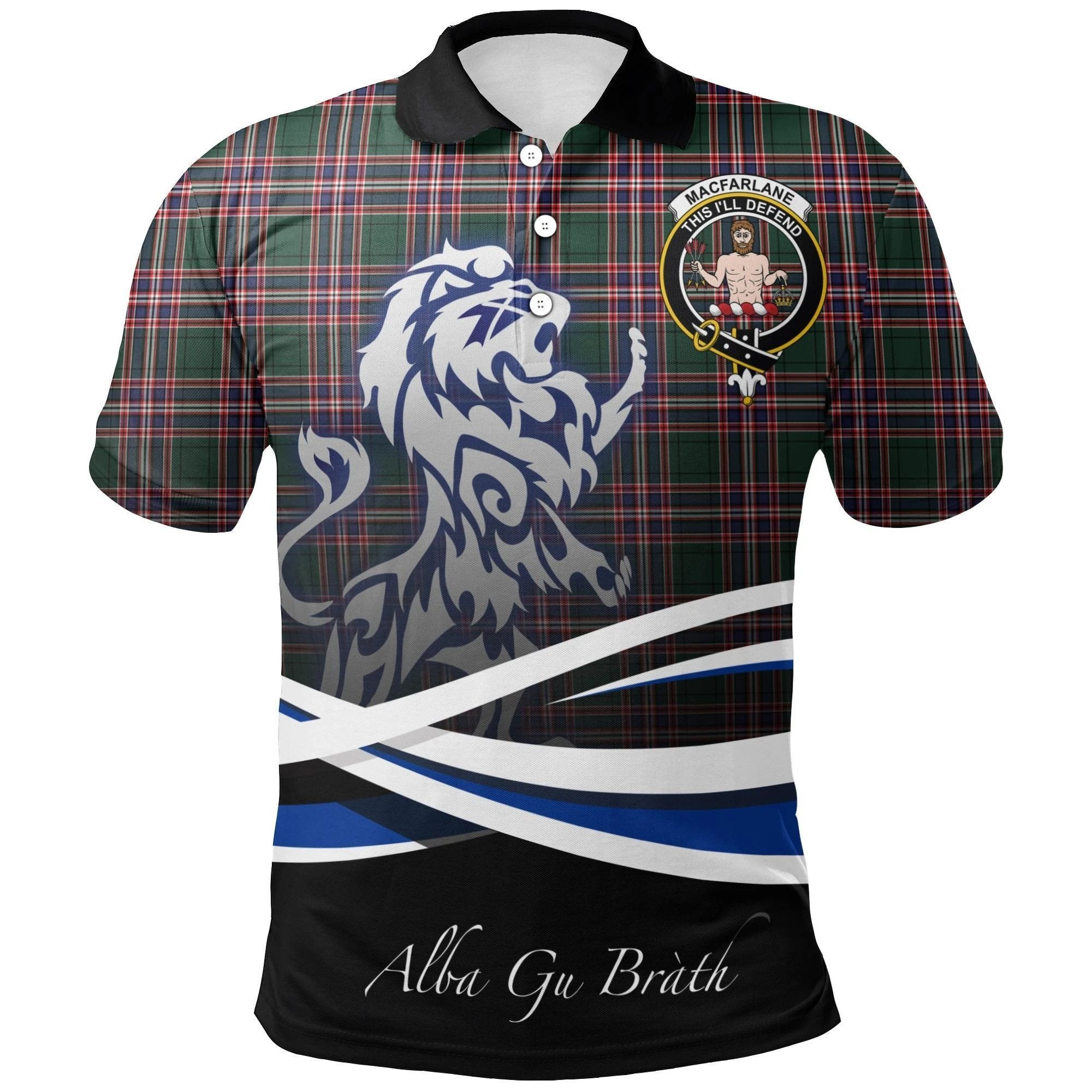 MacFarlane Hunting Modern Clan Polo Shirt, Scottish Tartan MacFarlane Hunting Modern Clans Polo Shirt Crest Lion Style