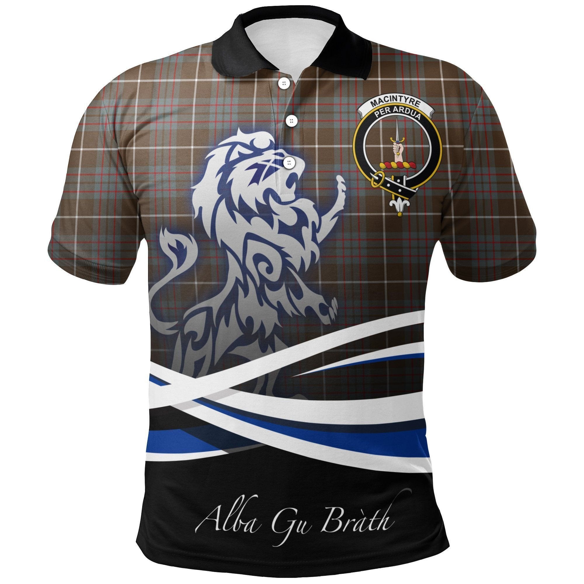 MacIntyre Hunting Weathered Clan Polo Shirt, Scottish Tartan MacIntyre Hunting Weathered Clans Polo Shirt Crest Lion Style