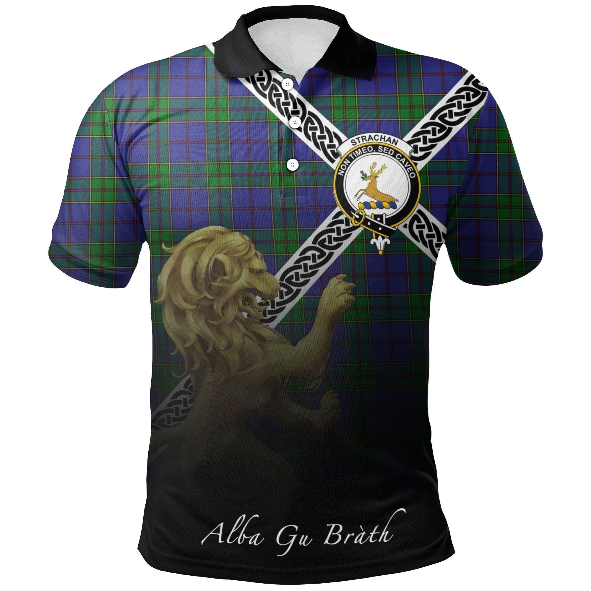 Strachan Clan Polo Shirt, Scottish Tartan Strachan Clans Polo Shirt Celtic Lion Style