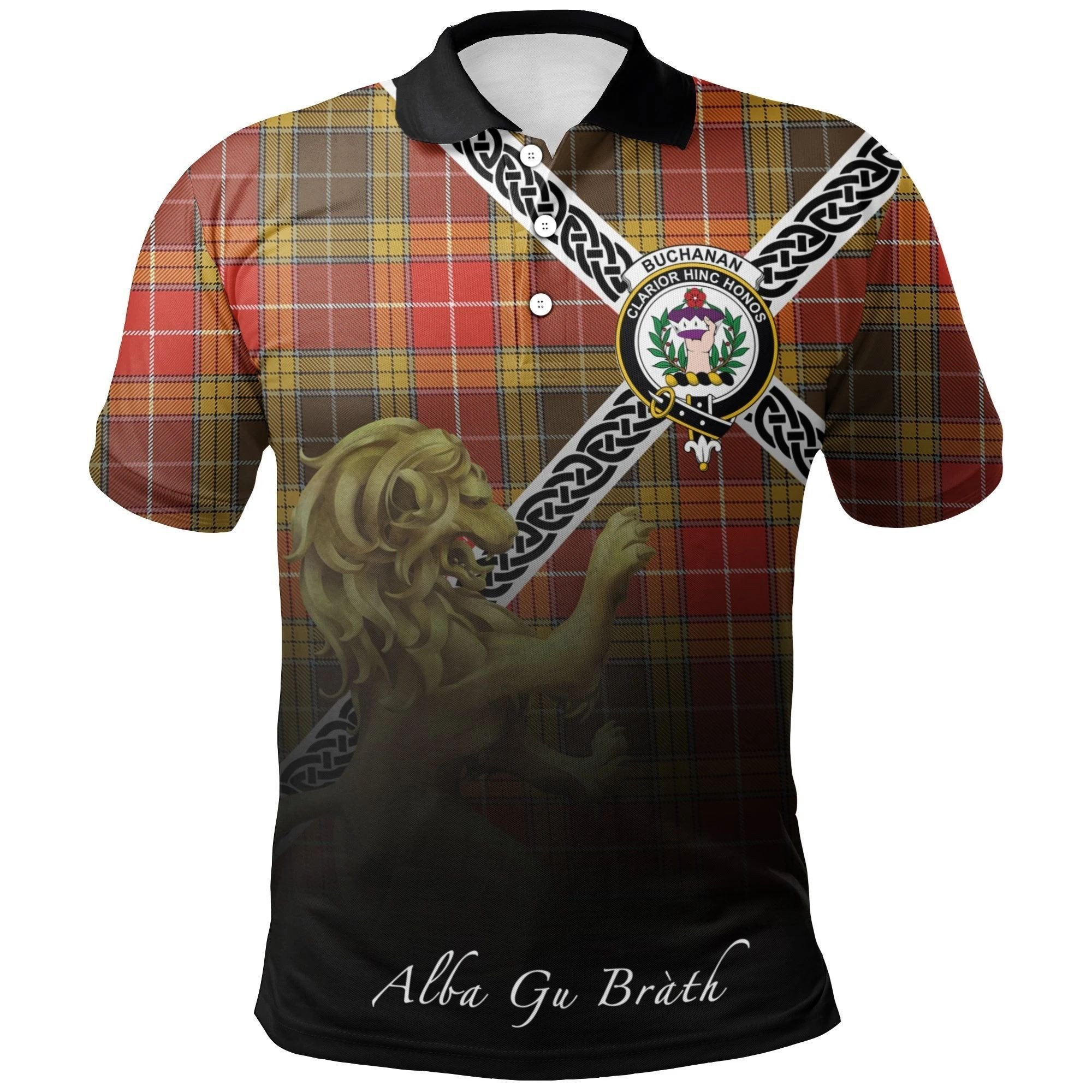 Buchanan Old Set Weathered Clan Polo Shirt, Scottish Tartan Buchanan Old Set Weathered Clans Polo Shirt Celtic Lion Style