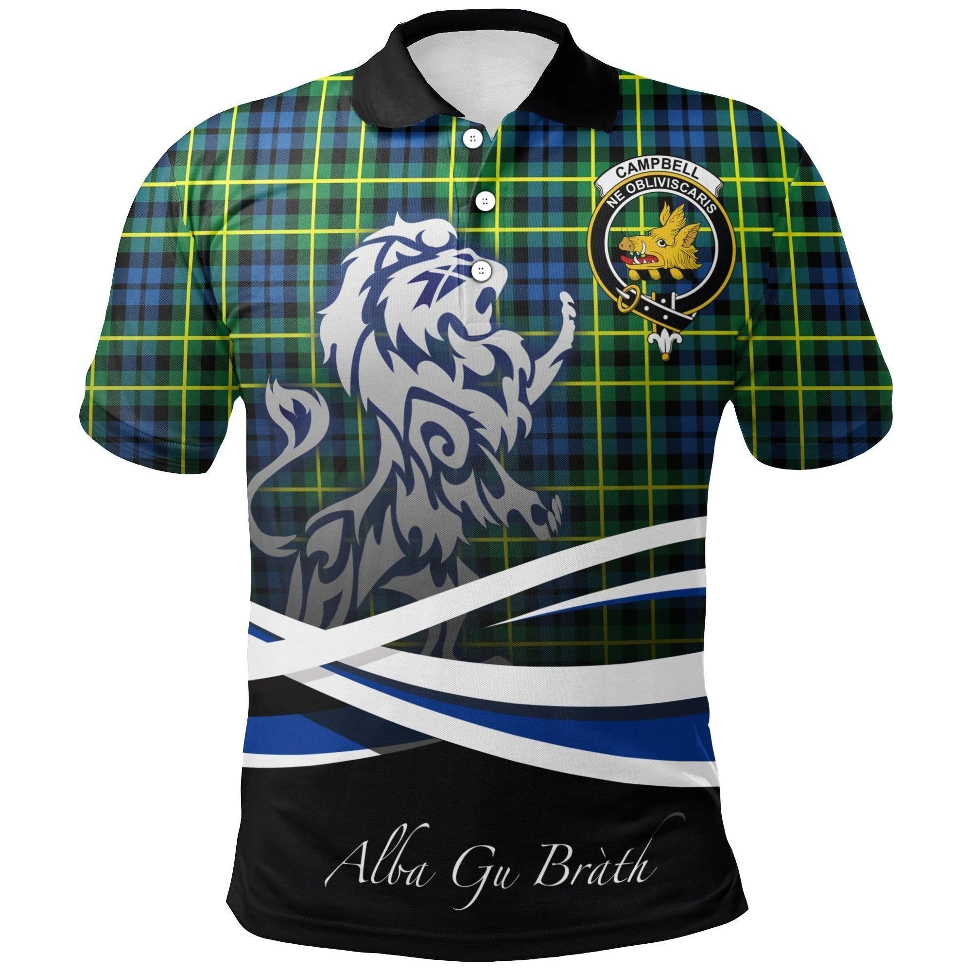 Campbell of Breadalbane Ancient Clan Polo Shirt, Scottish Tartan Campbell of Breadalbane Ancient Clans Polo Shirt Crest Lion Style