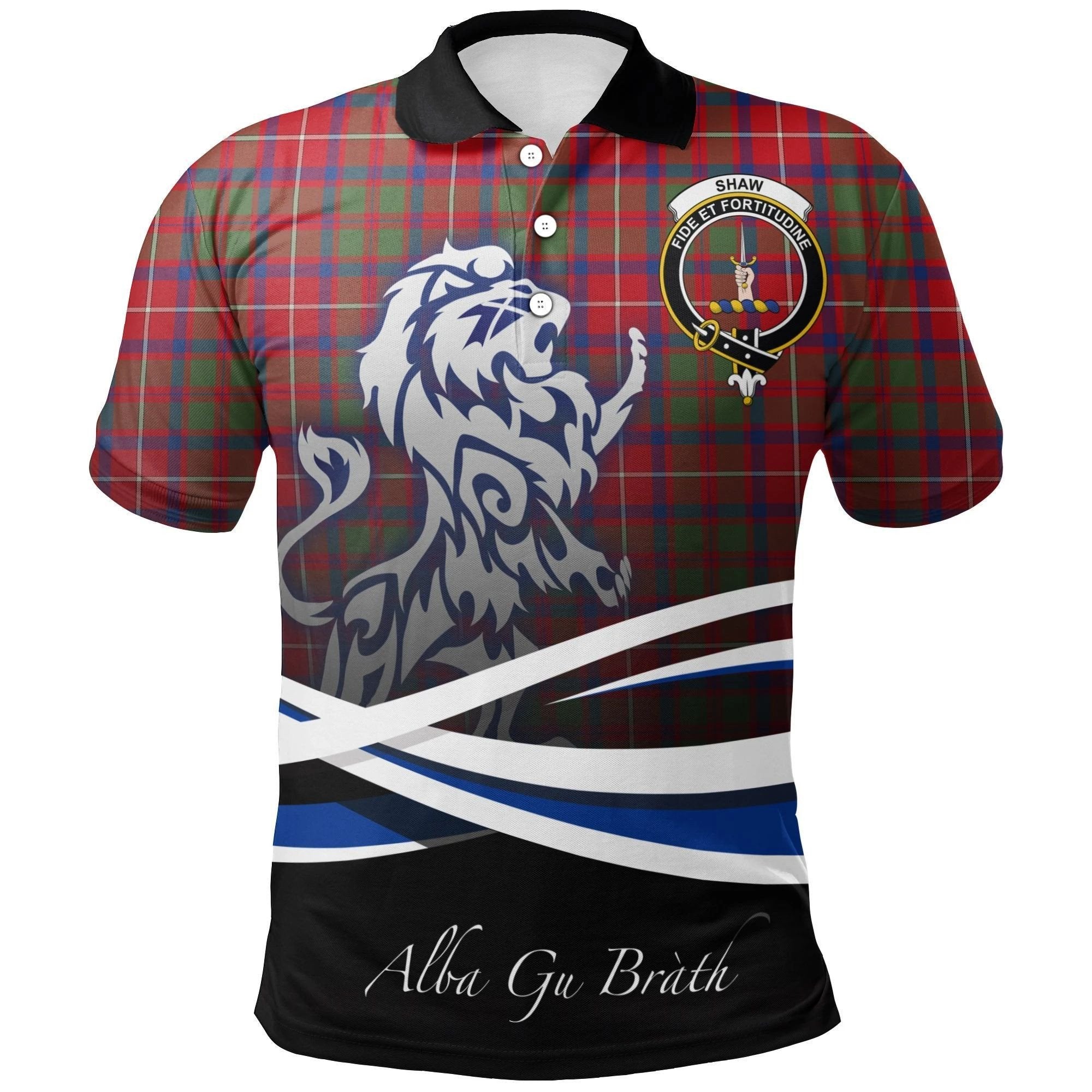 Shaw Red Modern Clan Polo Shirt, Scottish Tartan Shaw Red Modern Clans Polo Shirt Crest Lion Style