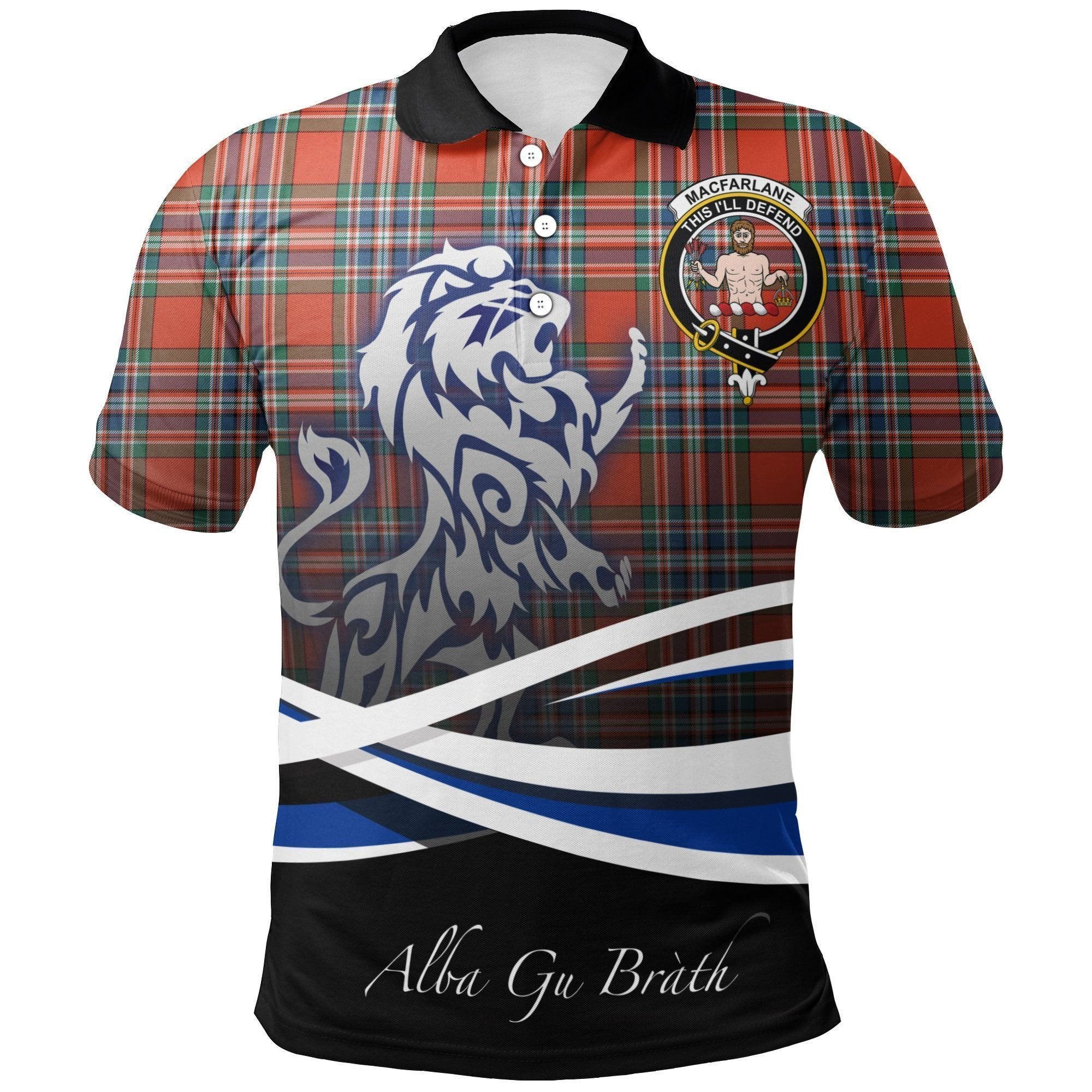 MacFarlane Ancient Clan Polo Shirt, Scottish Tartan MacFarlane Ancient Clans Polo Shirt Crest Lion Style