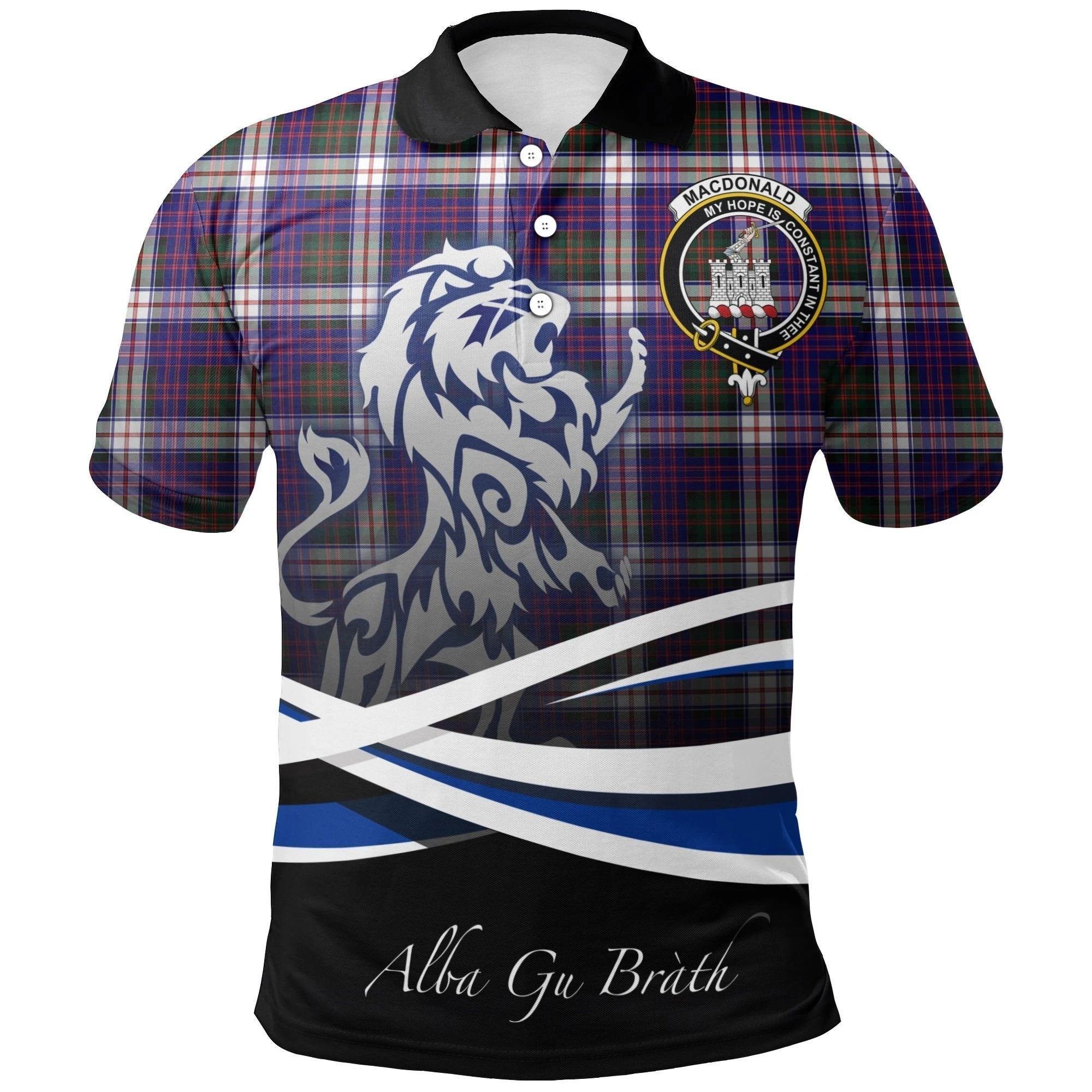 MacDonald Dress Modern Clan Polo Shirt, Scottish Tartan MacDonald Dress Modern Clans Polo Shirt Crest Lion Style