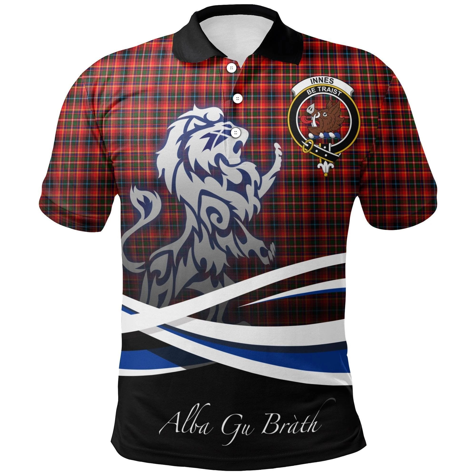 Innes Modern Clan Polo Shirt, Scottish Tartan Innes Modern Clans Polo Shirt Crest Lion Style