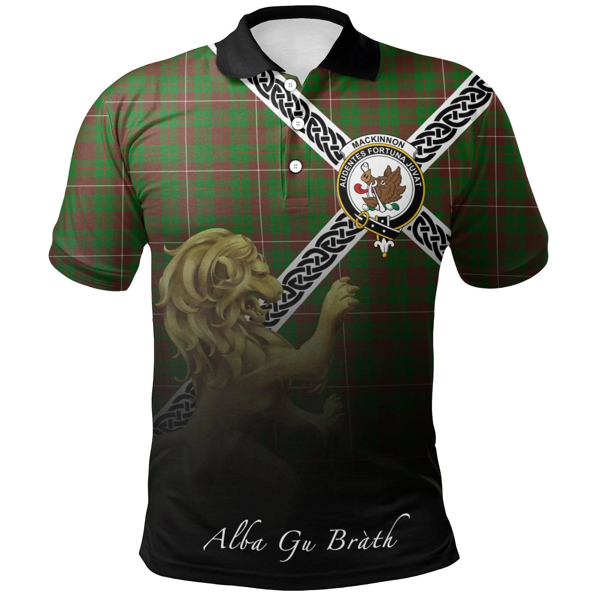 MacKinnon Hunting Modern Clan Polo Shirt, Scottish Tartan MacKinnon Hunting Modern Clans Polo Shirt Celtic Lion Style