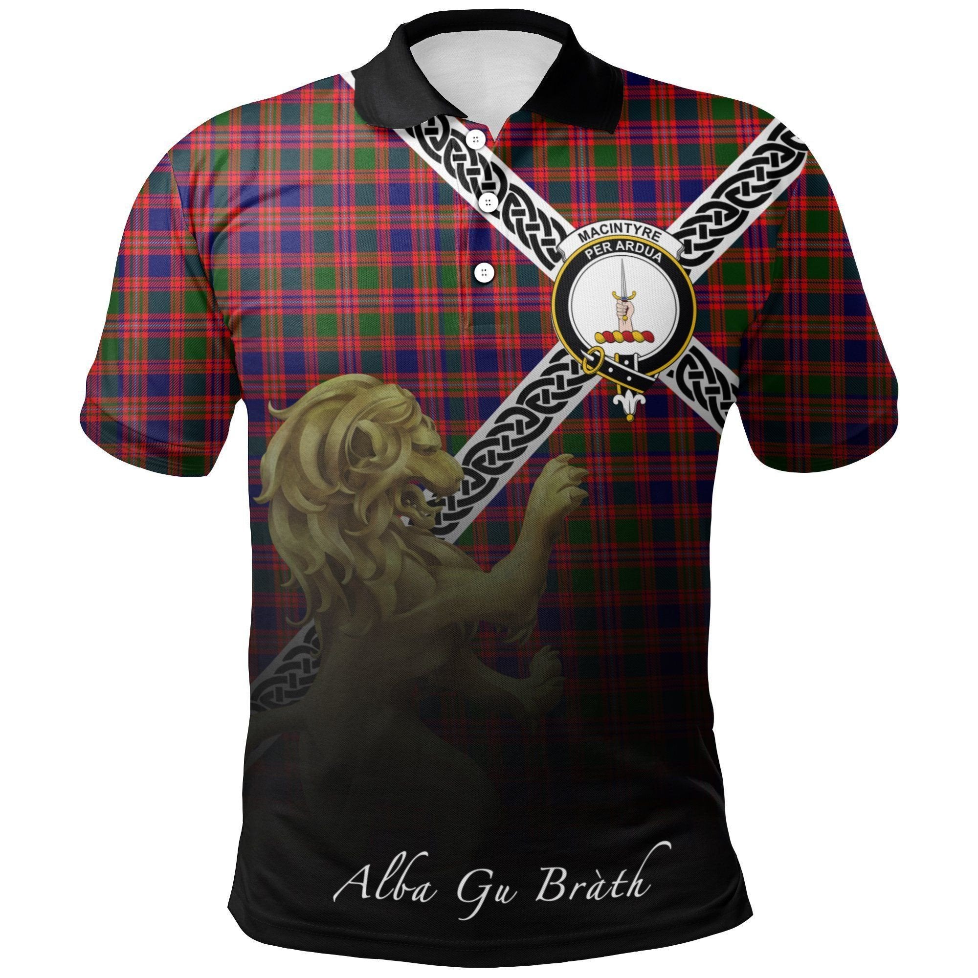 MacIntyre Modern Clan Polo Shirt, Scottish Tartan MacIntyre Modern Clans Polo Shirt Celtic Lion Style