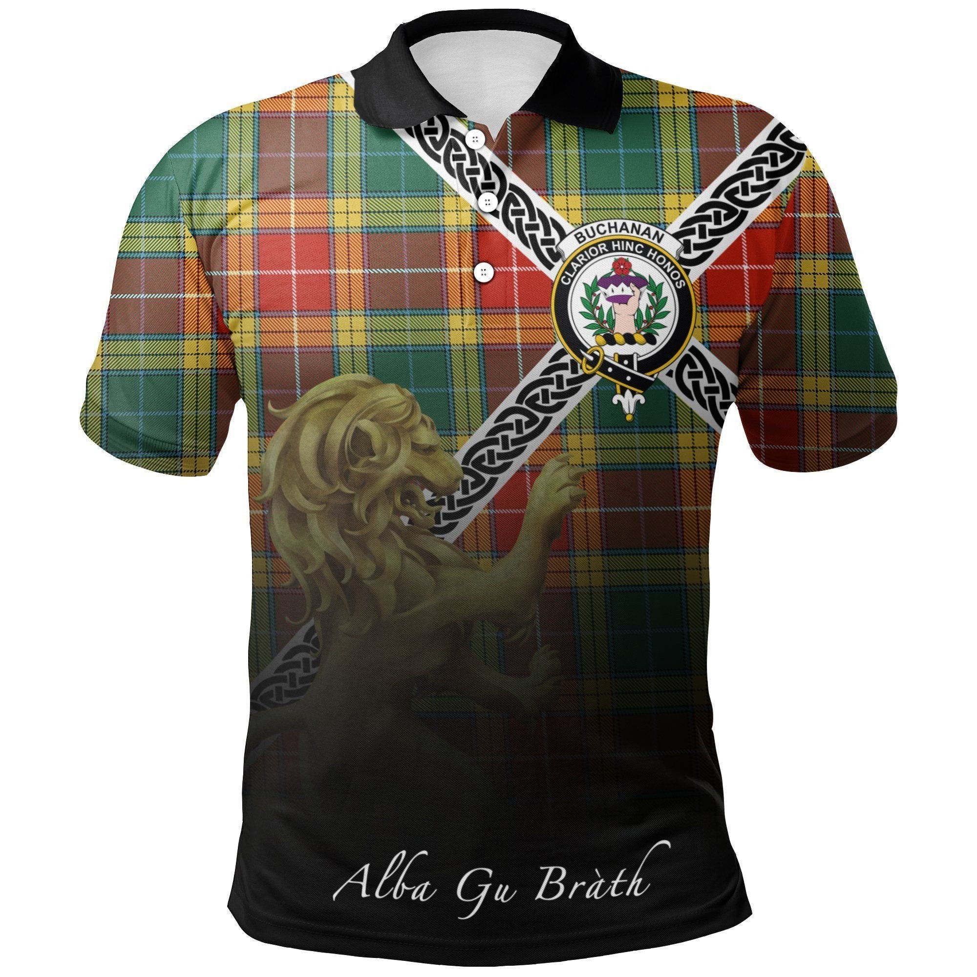 Buchanan Old Sett Clan Polo Shirt, Scottish Tartan Buchanan Old Sett Clans Polo Shirt Celtic Lion Style