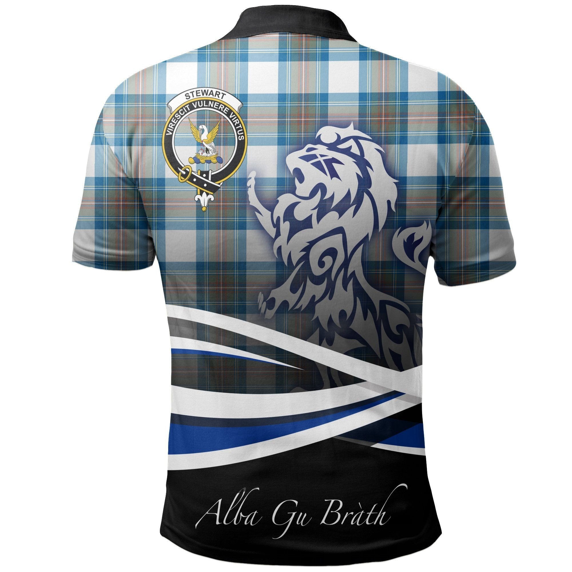 Stewart Muted Blue Clan Polo Shirt, Scottish Tartan Stewart Muted Blue Clans Polo Shirt Crest Lion Style