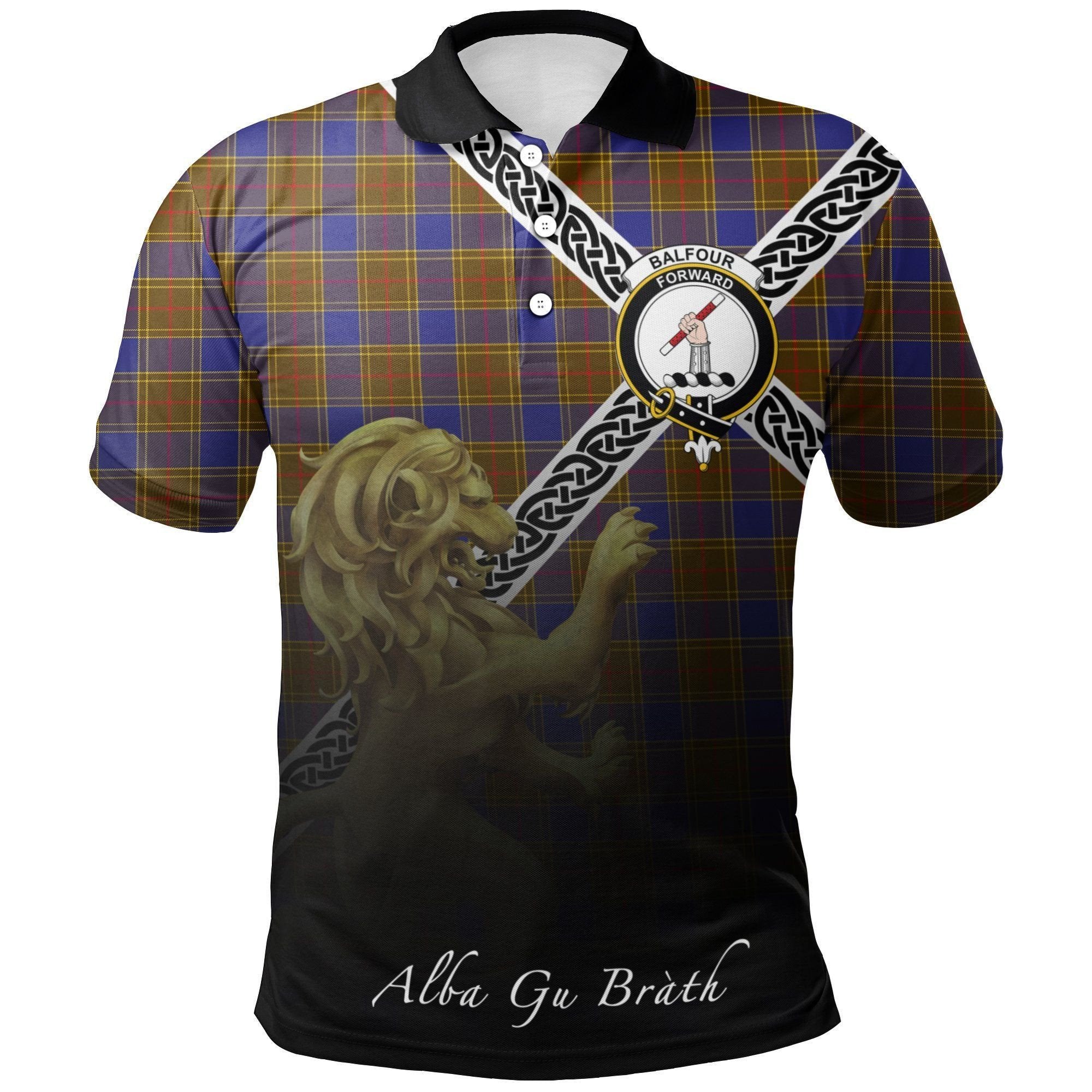 Balfour Modern Clan Polo Shirt, Scottish Tartan Balfour Modern Clans Polo Shirt Celtic Lion Style