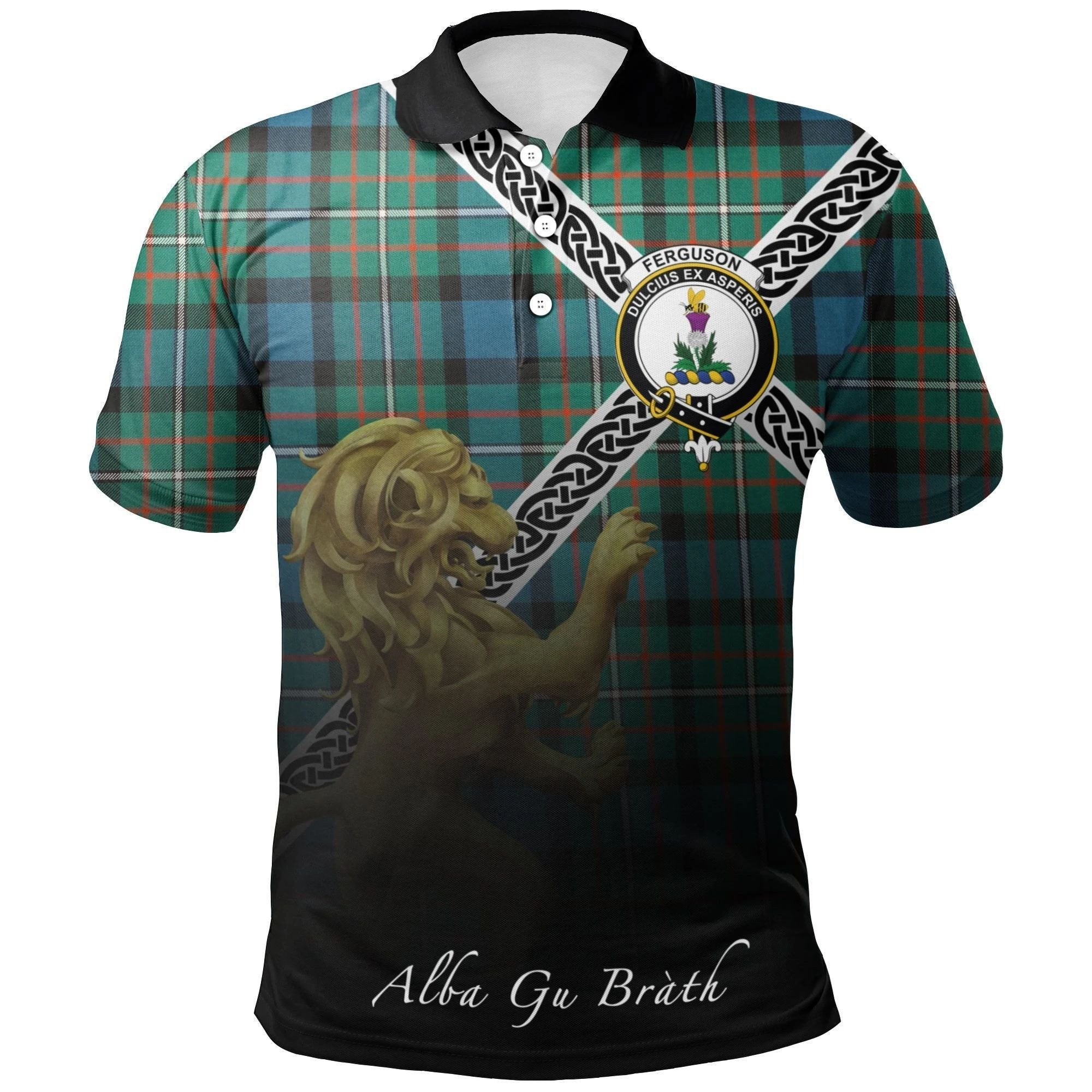 FERGUSON ANCIENT Clan Polo Shirt, Scottish Tartan FERGUSON ANCIENT Clans Polo Shirt Celtic Lion Style