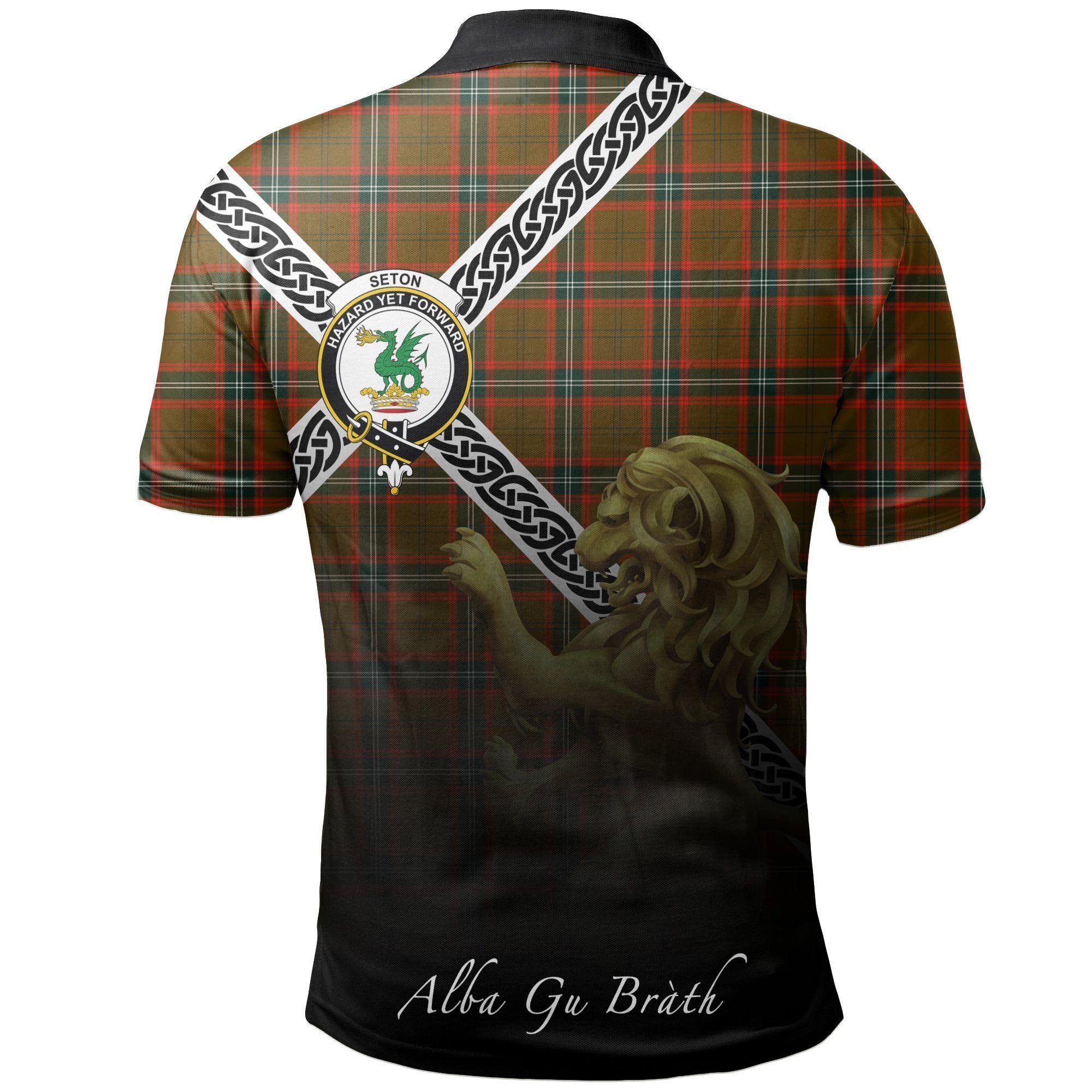 Seton Hunting Modern Clan Polo Shirt, Scottish Tartan Seton Hunting Modern Clans Polo Shirt Celtic Lion Style