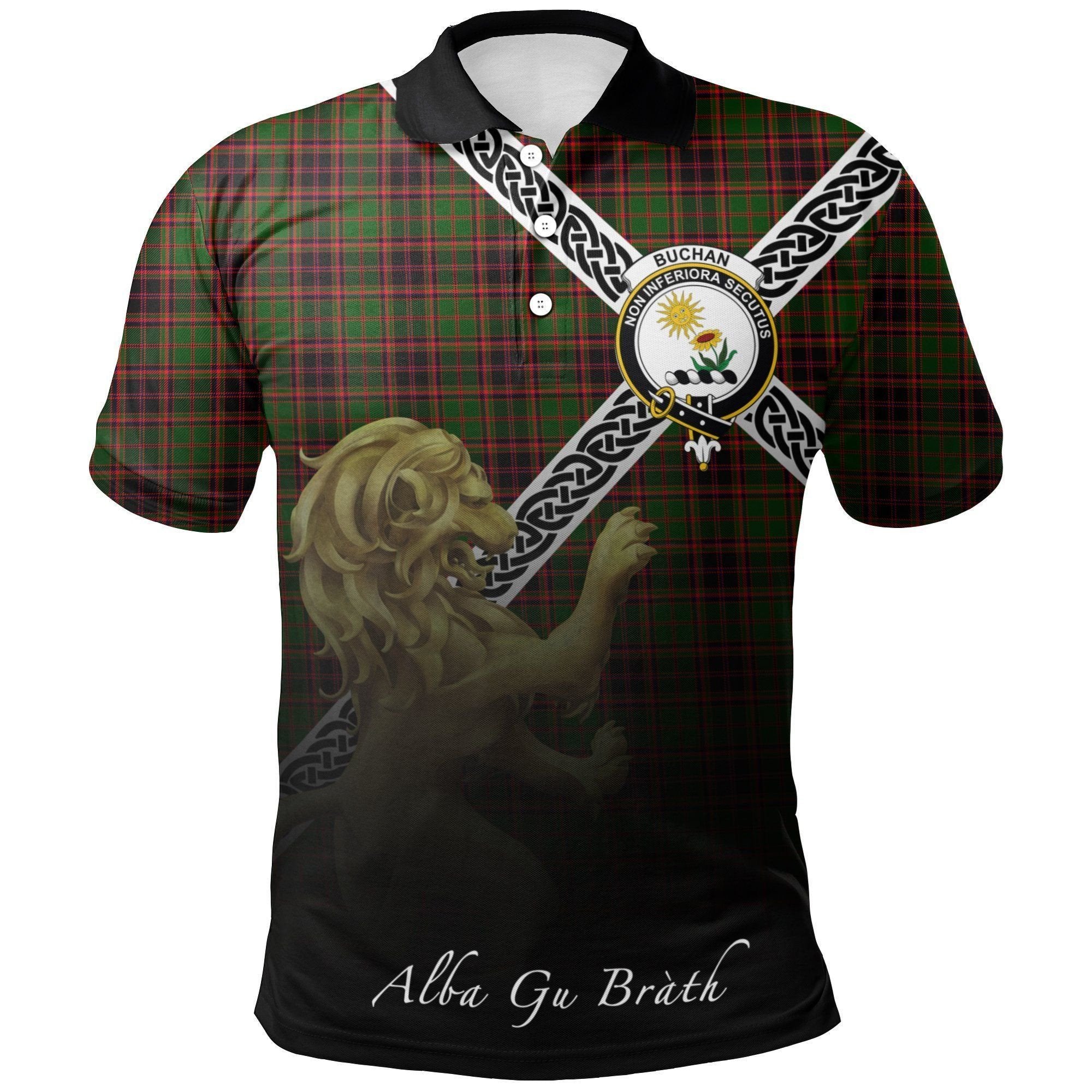 Buchan Modern Clan Polo Shirt, Scottish Tartan Buchan Modern Clans Polo Shirt Celtic Lion Style