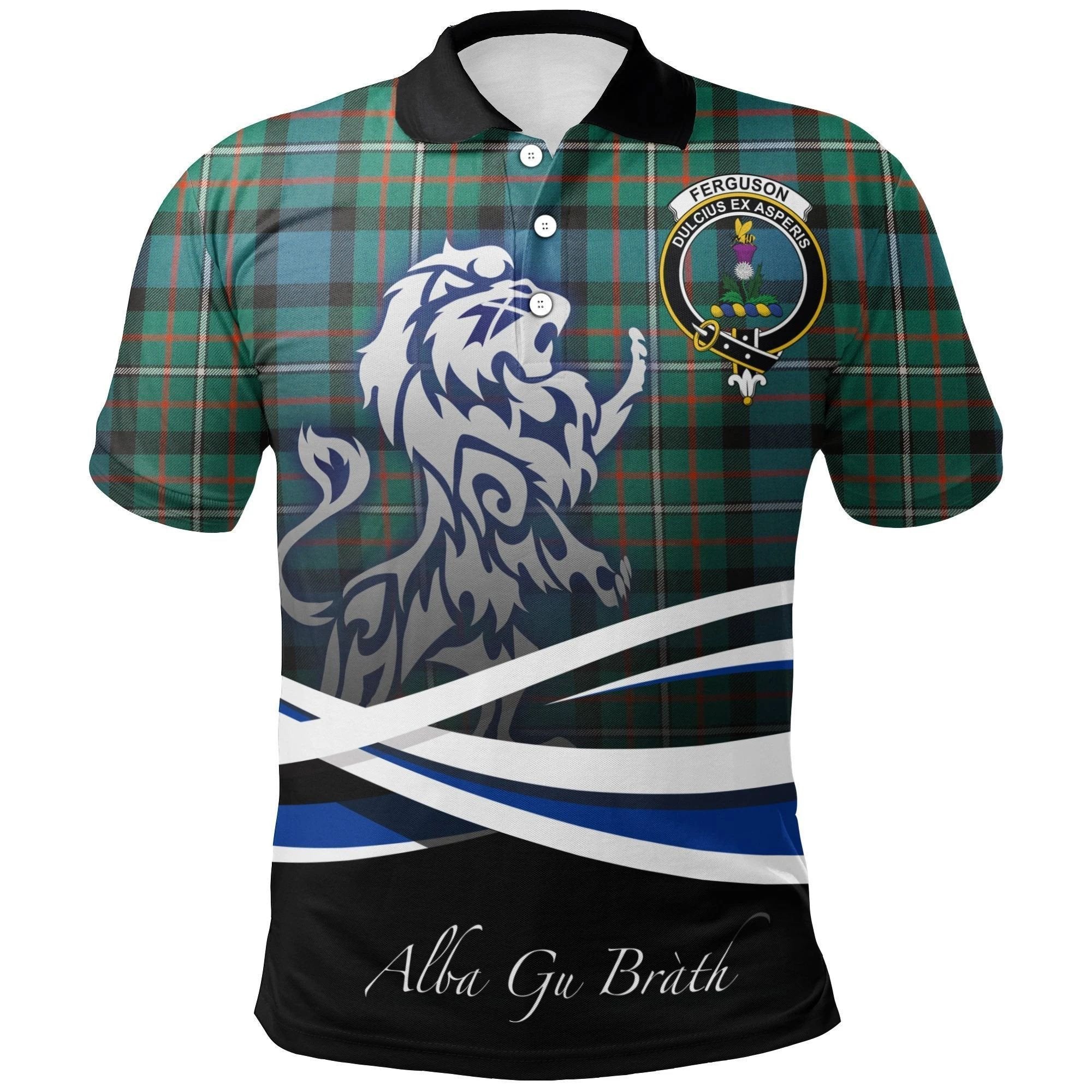 FERGUSON ANCIENT Clan Polo Shirt, Scottish Tartan FERGUSON ANCIENT Clans Polo Shirt Crest Lion Style