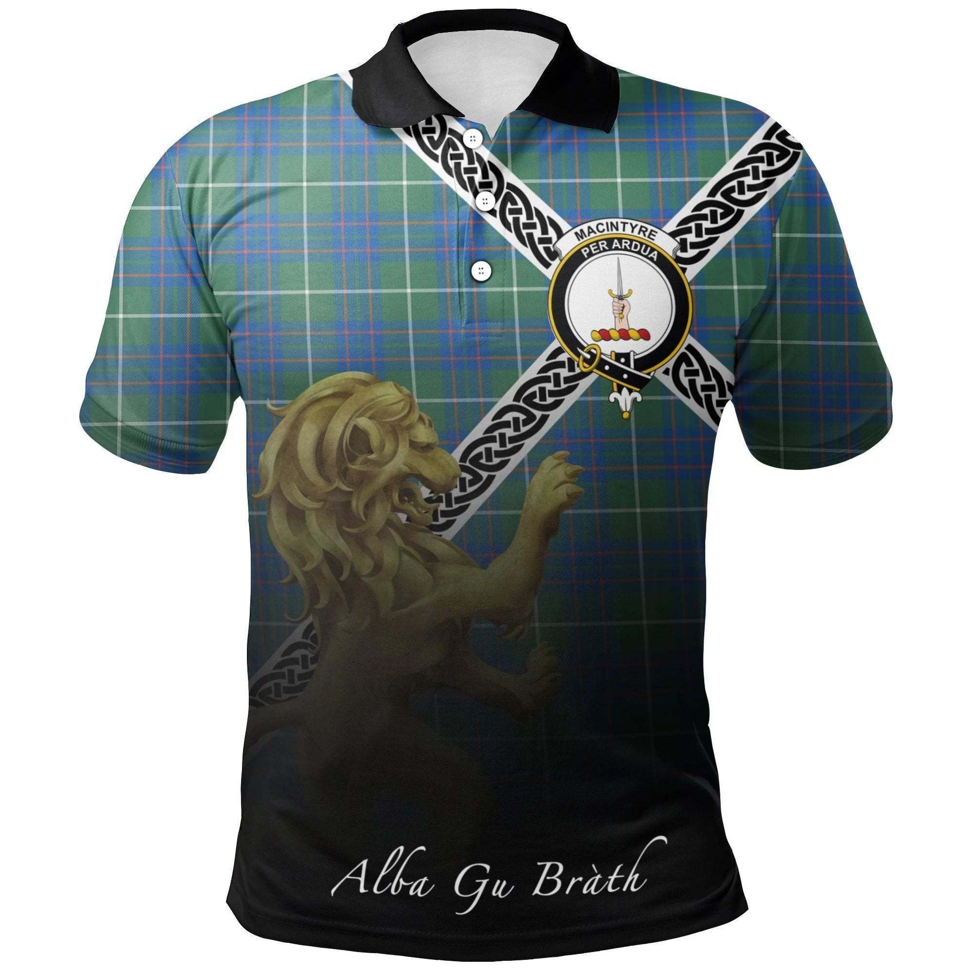 MacIntyre Hunting Ancient Clan Polo Shirt, Scottish Tartan MacIntyre Hunting Ancient Clans Polo Shirt Celtic Lion Style