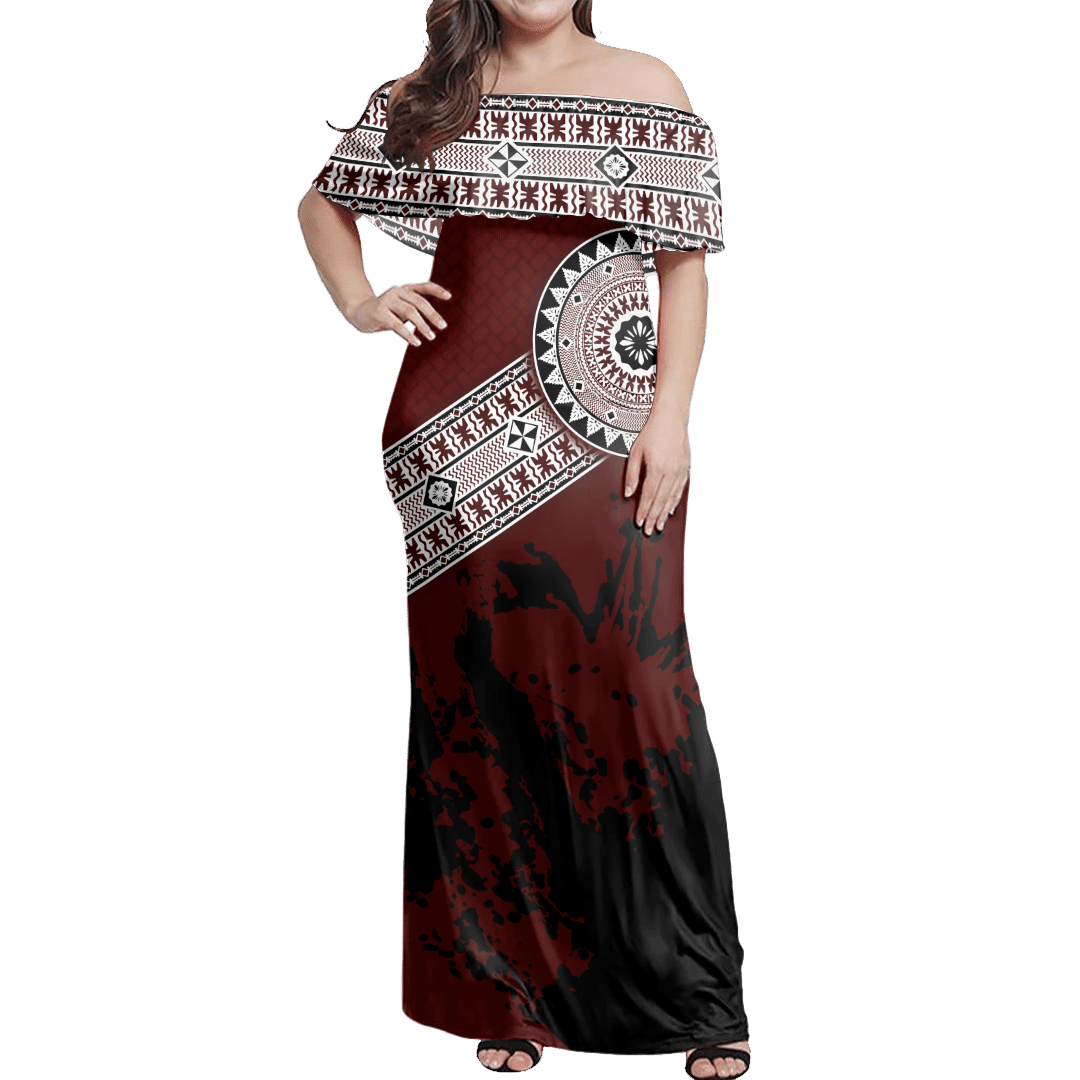 Polynesian Pride Dress - Fiji Masa Paint Style Off Shoulder Long Dress LT10