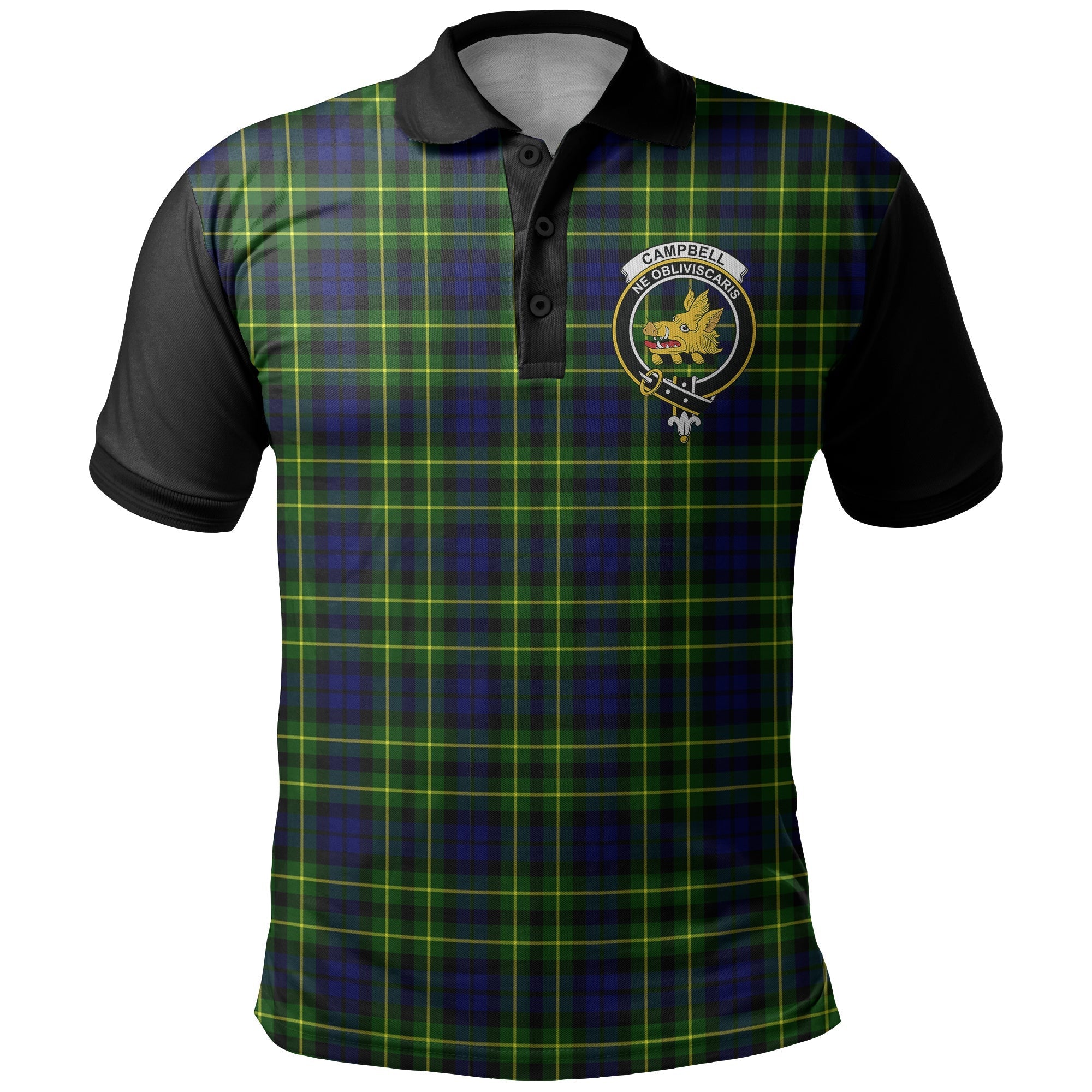 Campbell of Breadalbane Modern Tartan Crest Polo Shirt Black Neck Style