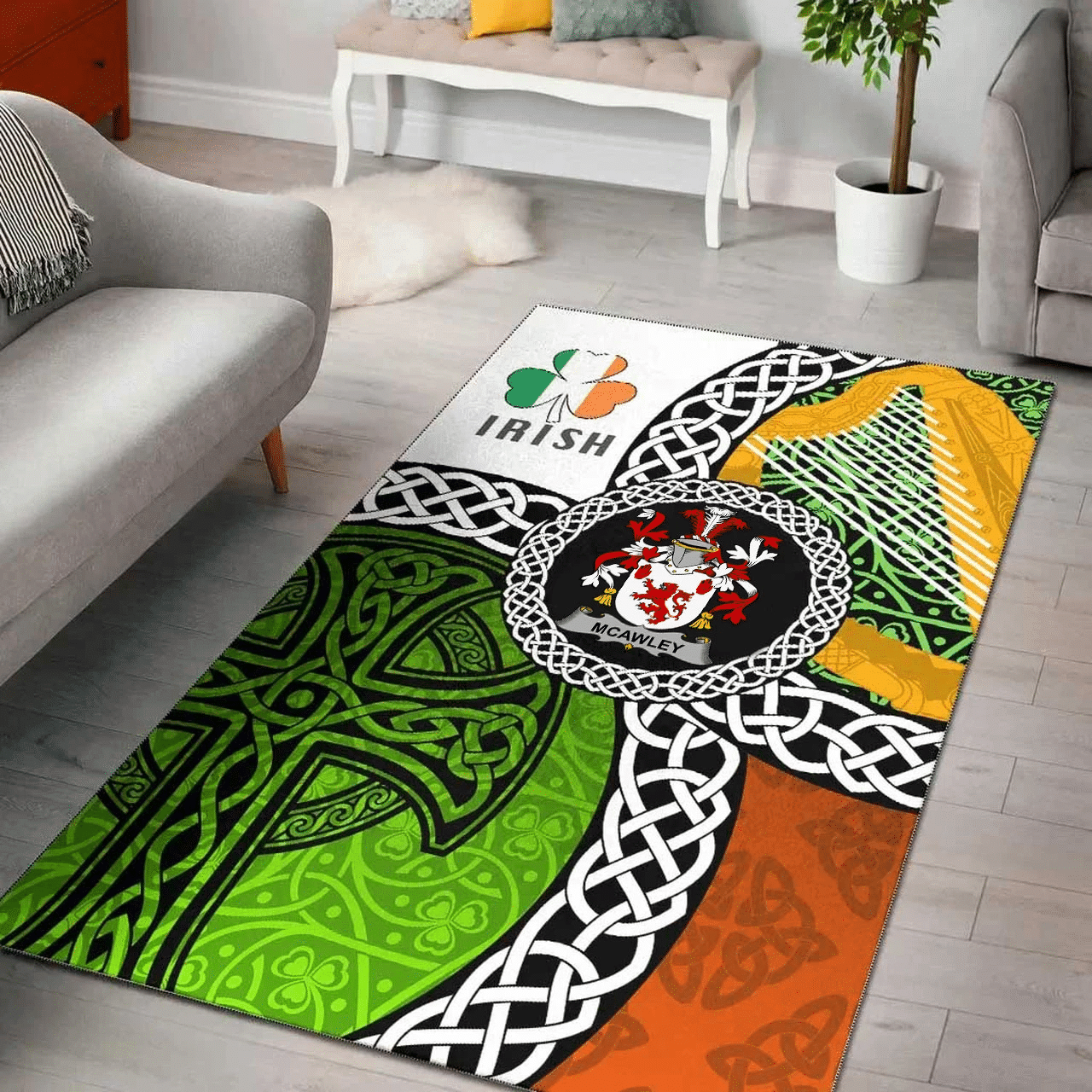 Ireland Area Rug - McAwley or McCawley Family Crest Area Rug - Ireland With Circle Celtics Knot