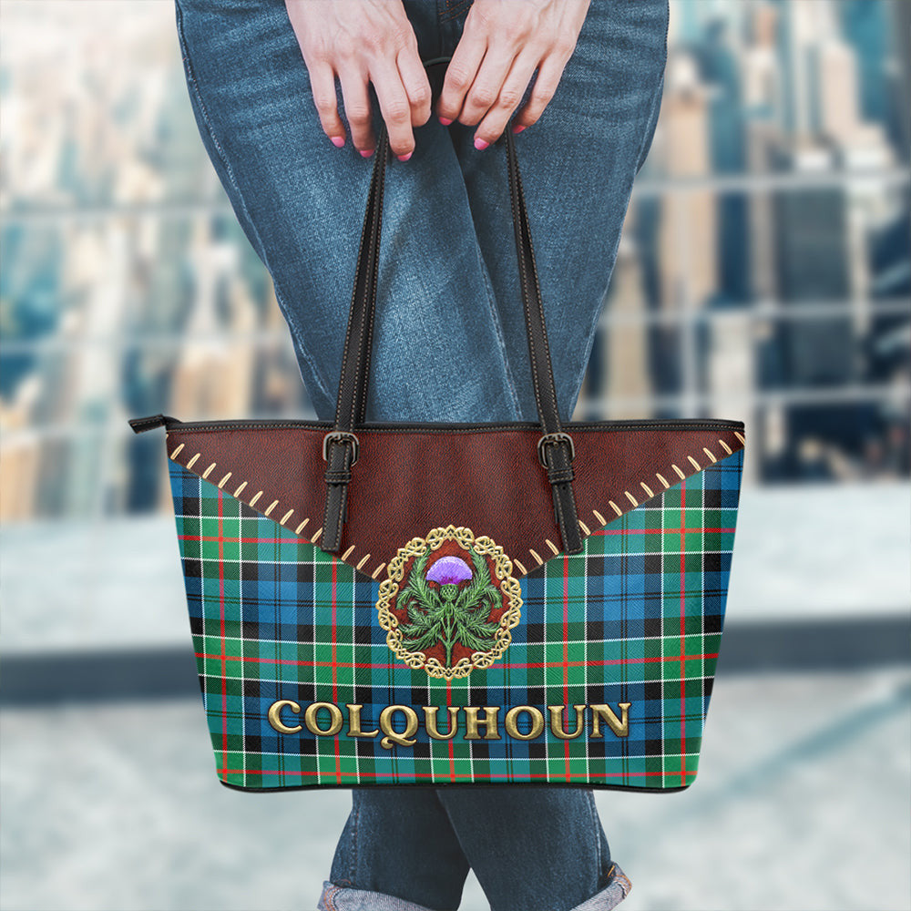 Colquhoun Ancient Tartan Leather Tote Bag Thistle Noble Style