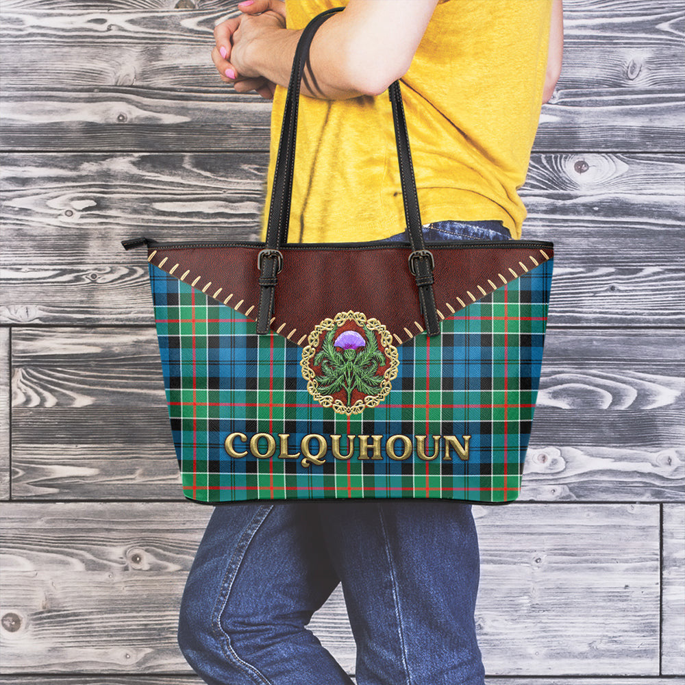 Colquhoun Ancient Tartan Leather Tote Bag Thistle Noble Style