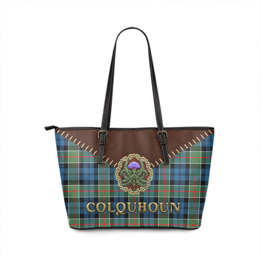 Colquhoun Ancient Tartan Leather Tote Bag Thistle Noble Style