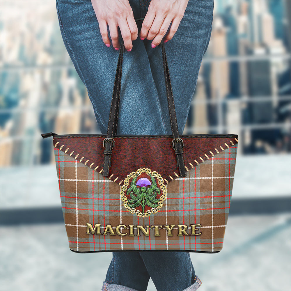 MacIntyre Hunting Weathered Tartan Leather Tote Bag Thistle Noble Style