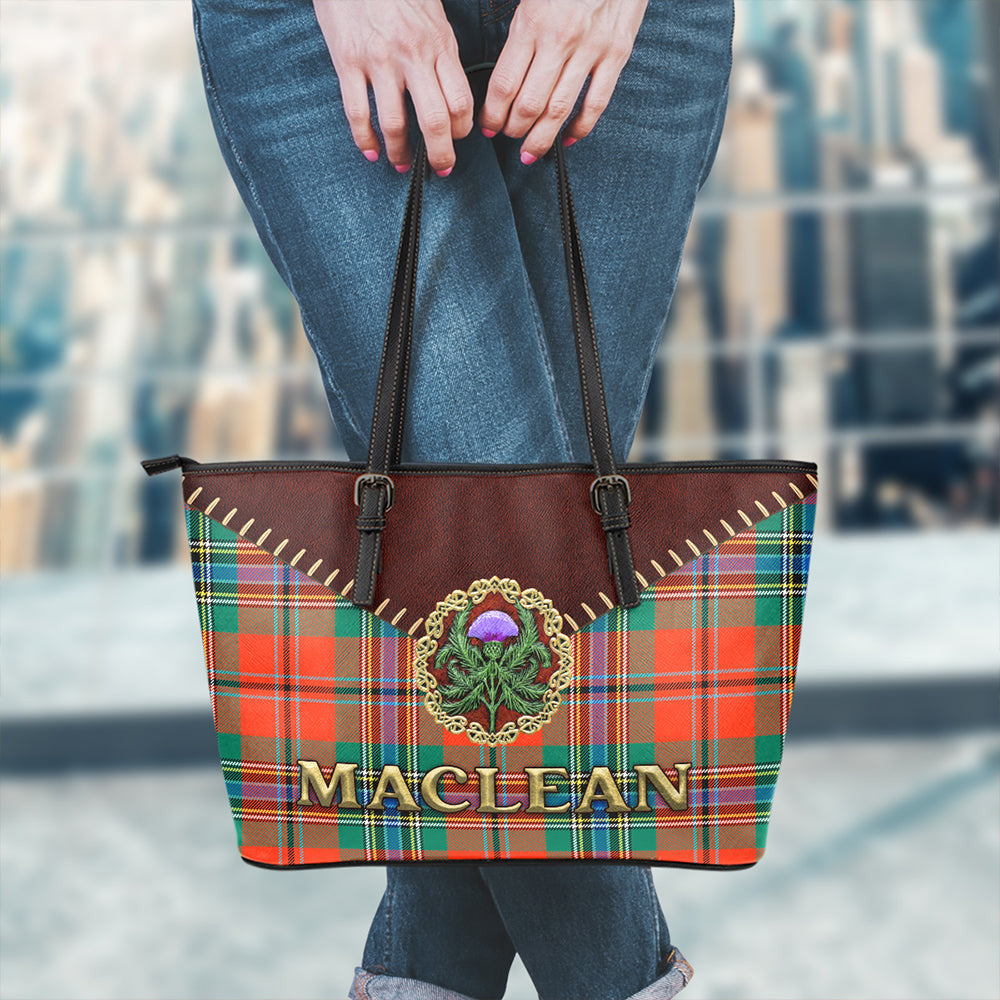 MacLean of Duart Ancient Tartan Leather Tote Bag Thistle Noble Style