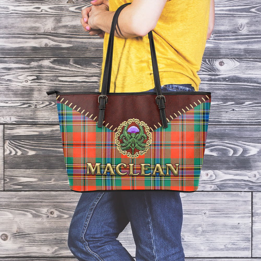 MacLean of Duart Ancient Tartan Leather Tote Bag Thistle Noble Style